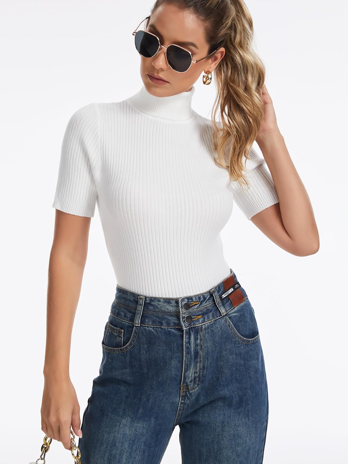 Women's Fall Short Sleeve Sweater Turtleneck Pullover Tops Winter Basic Ribbed Knit Slim Fitted Casual Shirts - Image 3