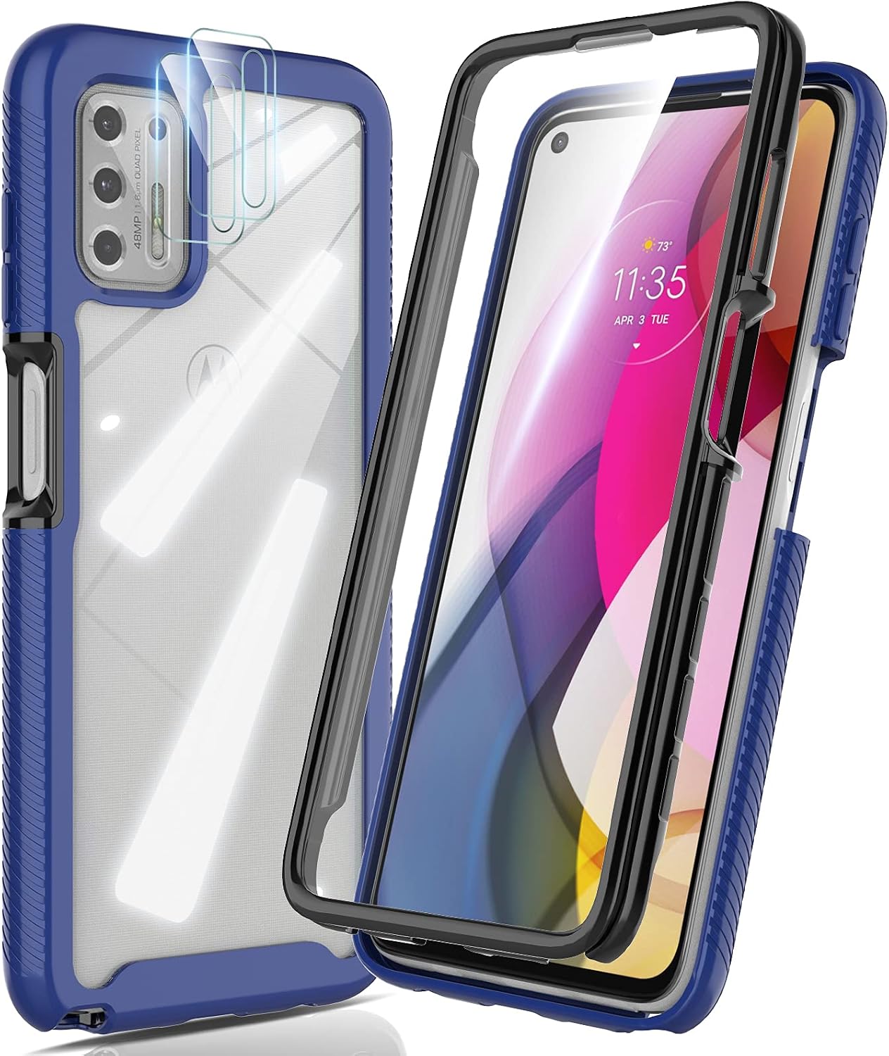 HATOSHI Compatible with Motorola Moto G Stylus 2021 Case with Built in Screen Protector and 2 Pack Camera Lens Protector, Military-Grade Shockproof Protective Phone Cover for Moto G Stylus 2021, Blue