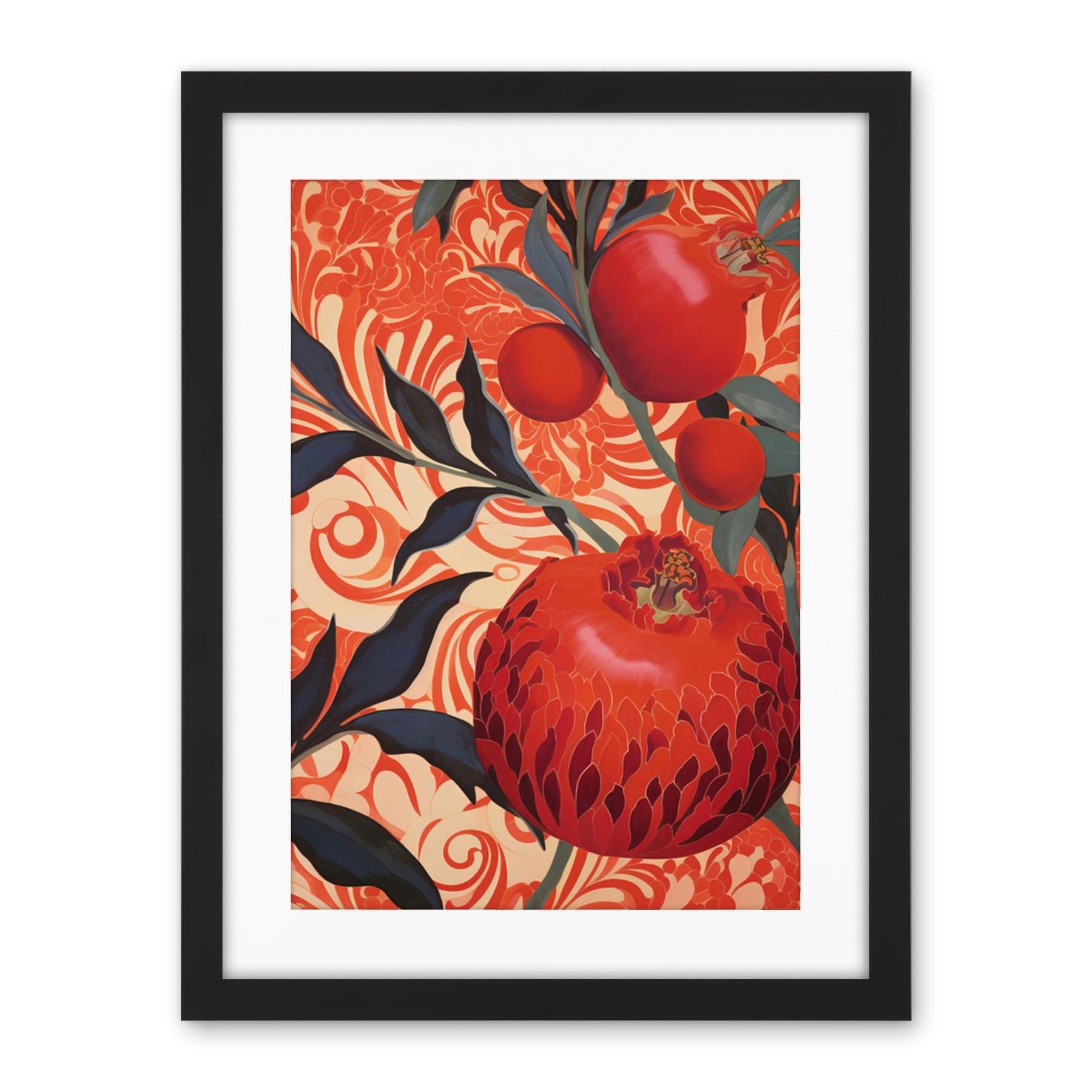 Artery8 Pomegranate Tree Grove Red and Blue Artwork Floral Patterns Artwork Framed Wall Art Print 18X24 Inch