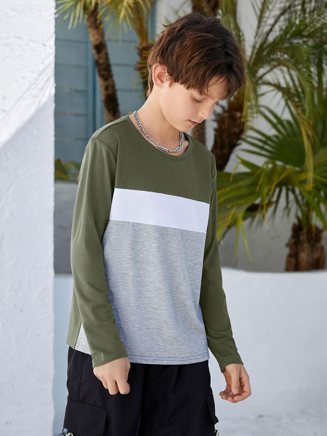 ZDC Kids Boys Long Sleeve T-Shirts Color Block Crewneck Fashion Basic Tee Tops 5-14 Years - Image 2