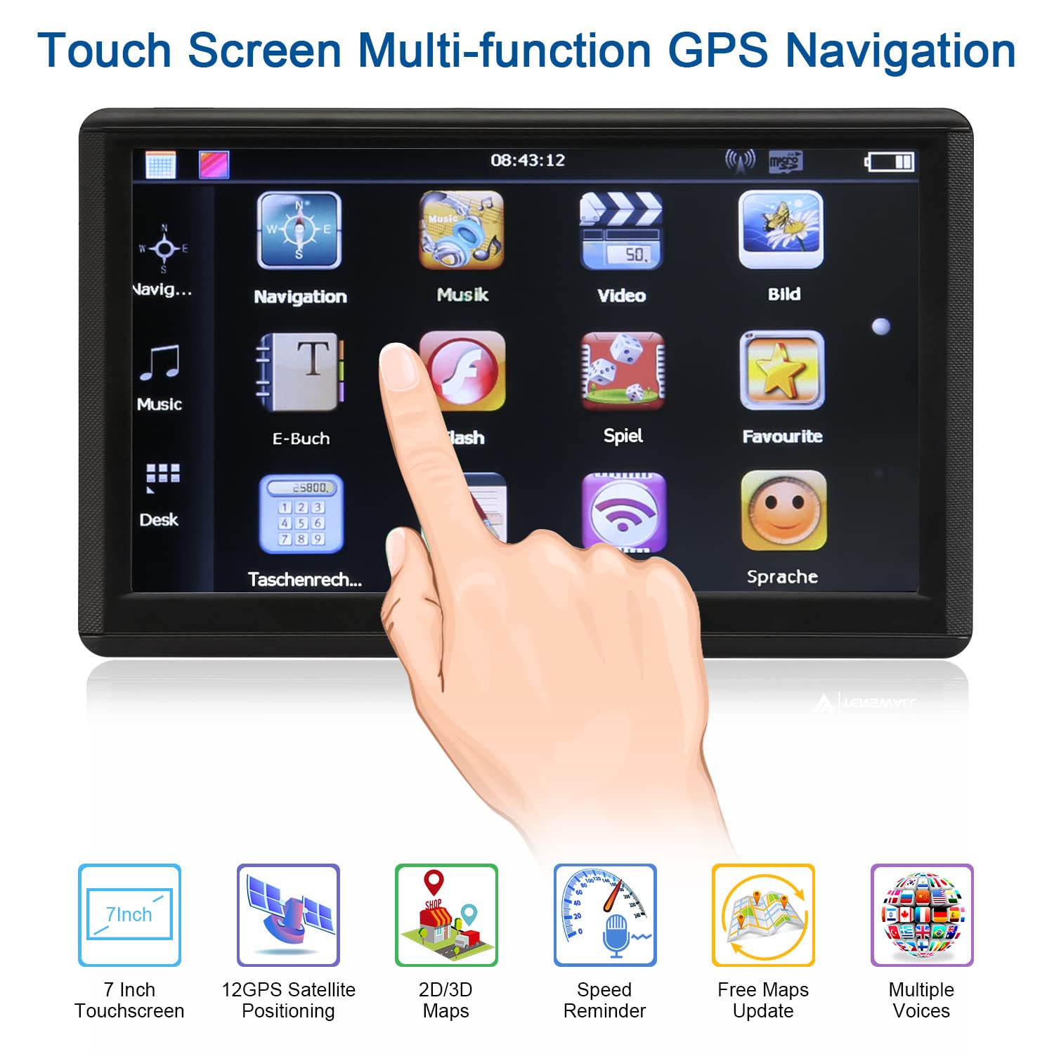 Navigatore Satellitare Auto Camion: 2023 touch screen 7 pollici 8G 256M navigatore con guida vocale, allarme flash, aggiornamento gratuito della mappa, nero