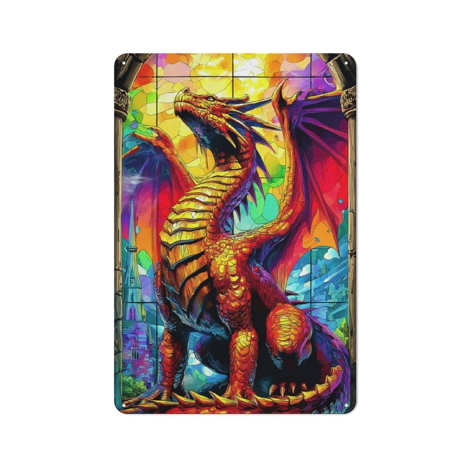 Junmoney Stained Glass Dragon Majesty -6 Metal Sign 30X20cm With For Garage Wall, Vintage Decor, Winter Wall Decor For People Furnishing A Garage