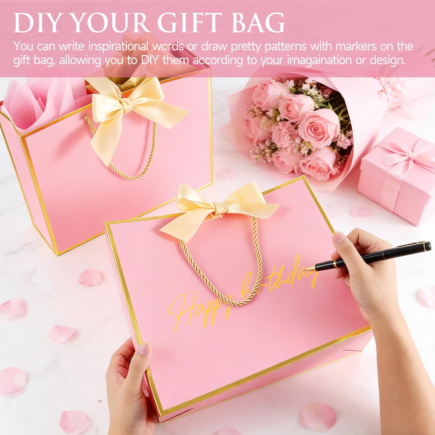 Ethhqu Fancy Large Gift Bags with Handles, 2 Pack 12.6x10x4 Inches - Includes Tissue Paper & Cards for Birthday, Valentine's Day, Baby Shower, Wedding, Anniversary & Holiday Gifts (Pink and Gold) - Image 6
