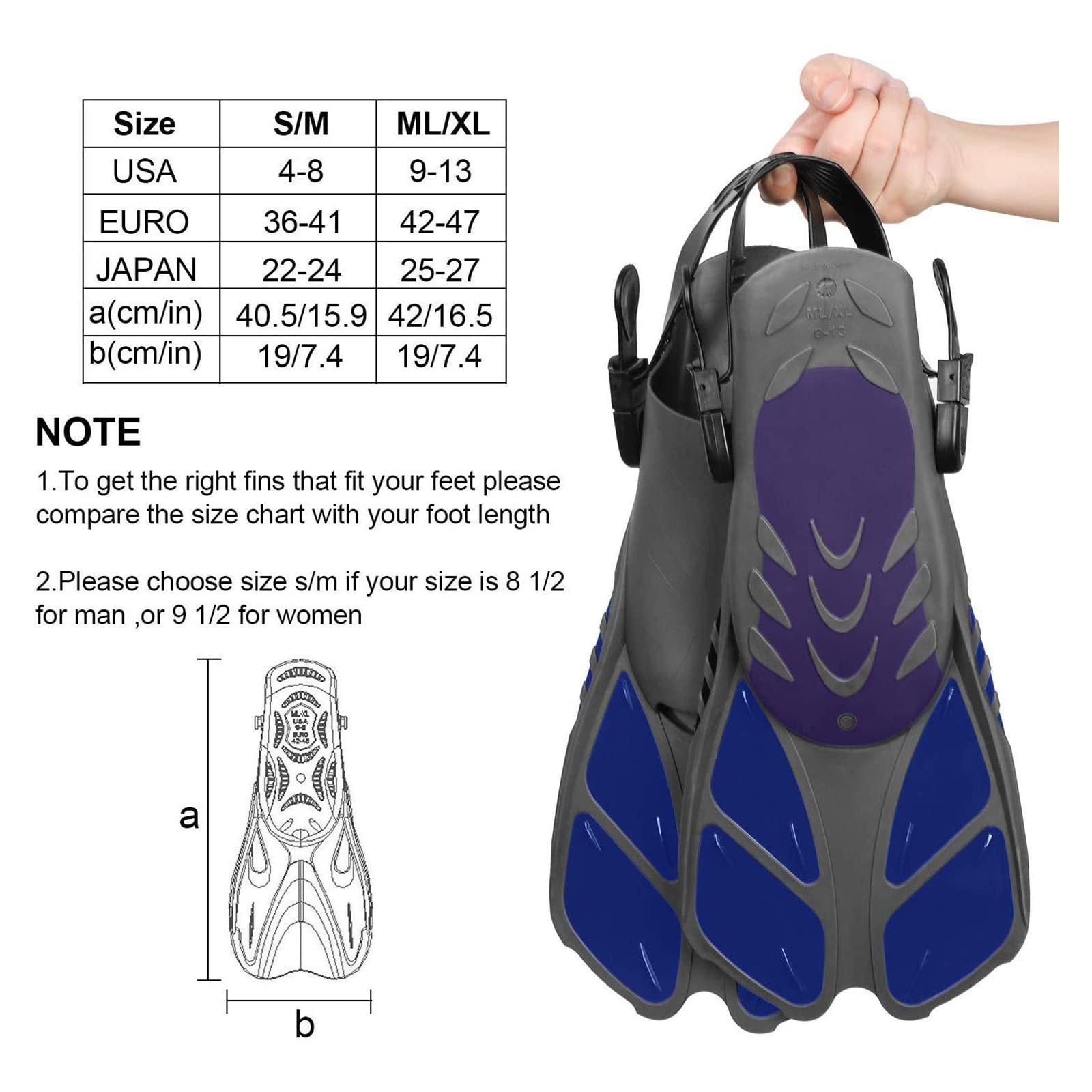 Aletas de buceo ajustables cortas para natación y piscina Snorkeling con bolsa para adultos para hombre y mujer, tacón abierto (azul, S)