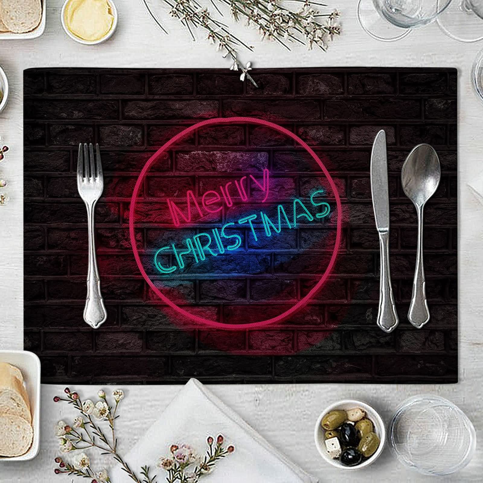 Tovaglietta Tavolino Salotto, Set di 8 Tovagliette Cucina Lavabili Cotone Lino Luce Al Neon "Merry Christmas" Rosa Blu Tovagliette Natale Colazione 32x42CM