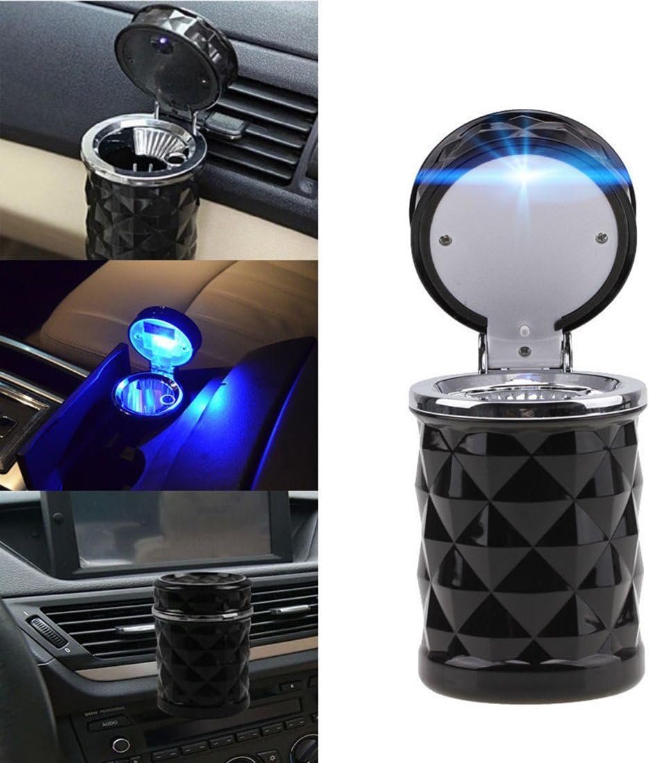 Auto Car Diamond Cut Face Ashtray Tobacco Tray with Car Travel LED Blue Light (Black)