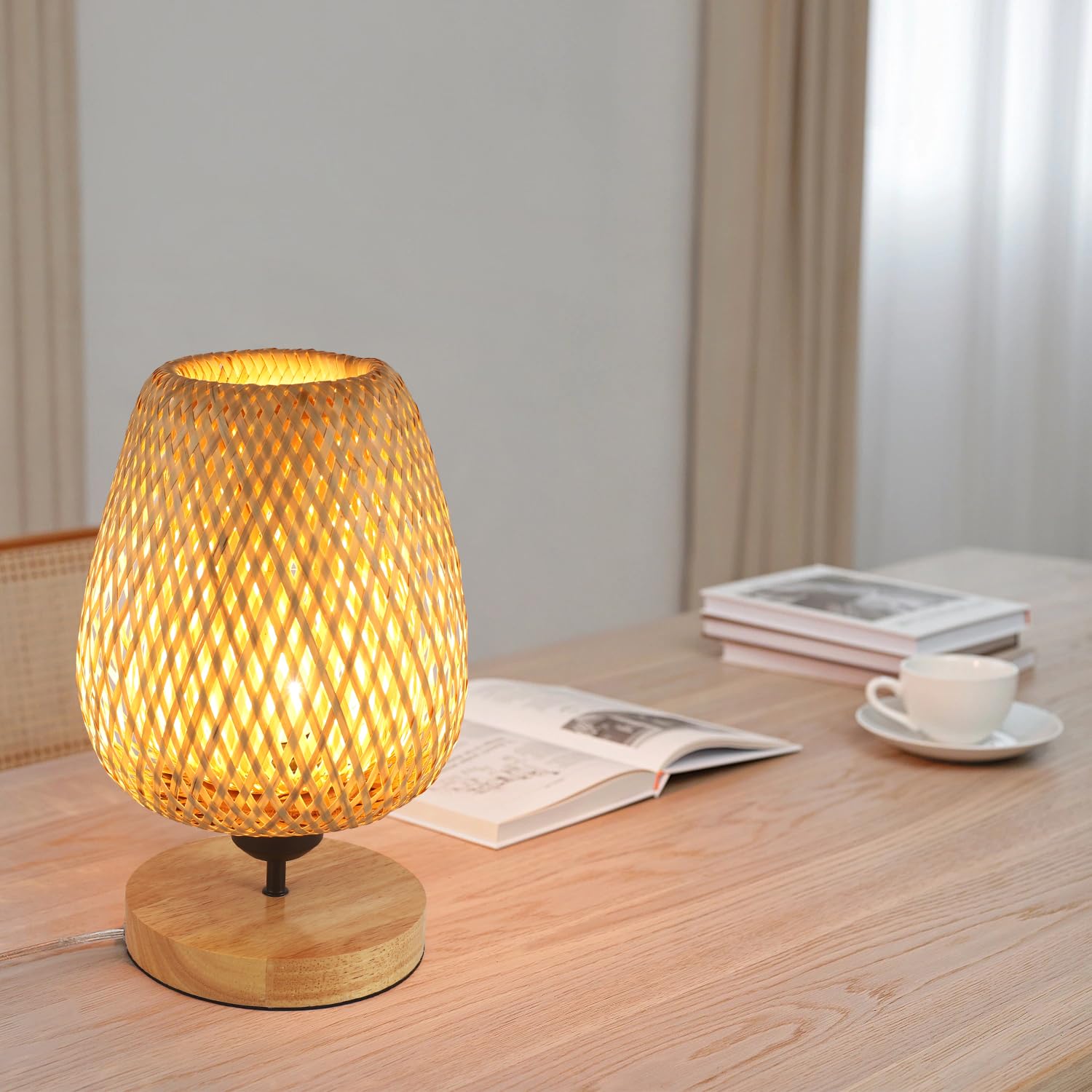 Comely Bambou Tissé Lampe de Table, Lampe de Chevet Abat-Jour en Bambou | Base en Bois Naturel pour Chambres à Coucher, Bureau, Salle à Manger