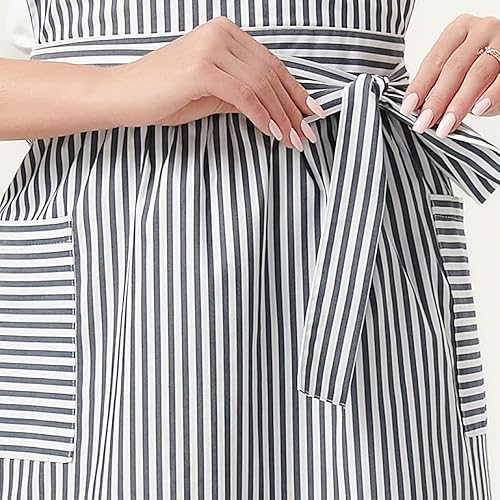 Miniatura 10 de Delantales de algodón para mujer con bolsillos, delantales de rayas suaves, perfectos para cocina, hornear y jardinería