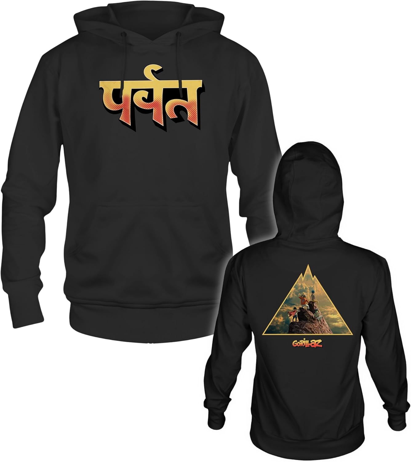 2Bhip Gorillaz Hoodie for Men & Women Front & Back Print Mountain Black Hooded Fleece Pullover Sweatshirt