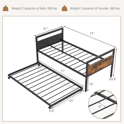Miniatura 2 de Giantex Sofá cama de metal con nido, cama nido individual con soporte de listones de metal y cabecera de grano de madera rústica, cama de día que