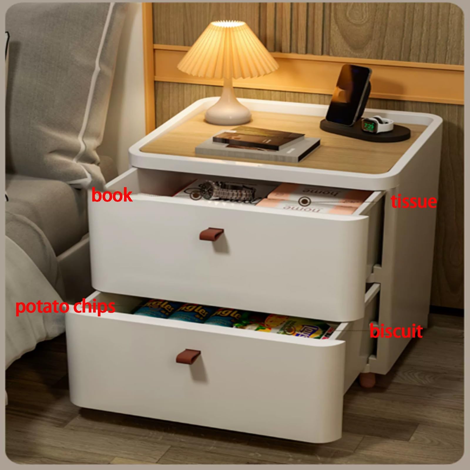 サイドテーブルナイトスタンド　２つの引出し収納付き Amazon.co.jp: 収納引き出し2つ付き木製ナイトスタンド、寝室用