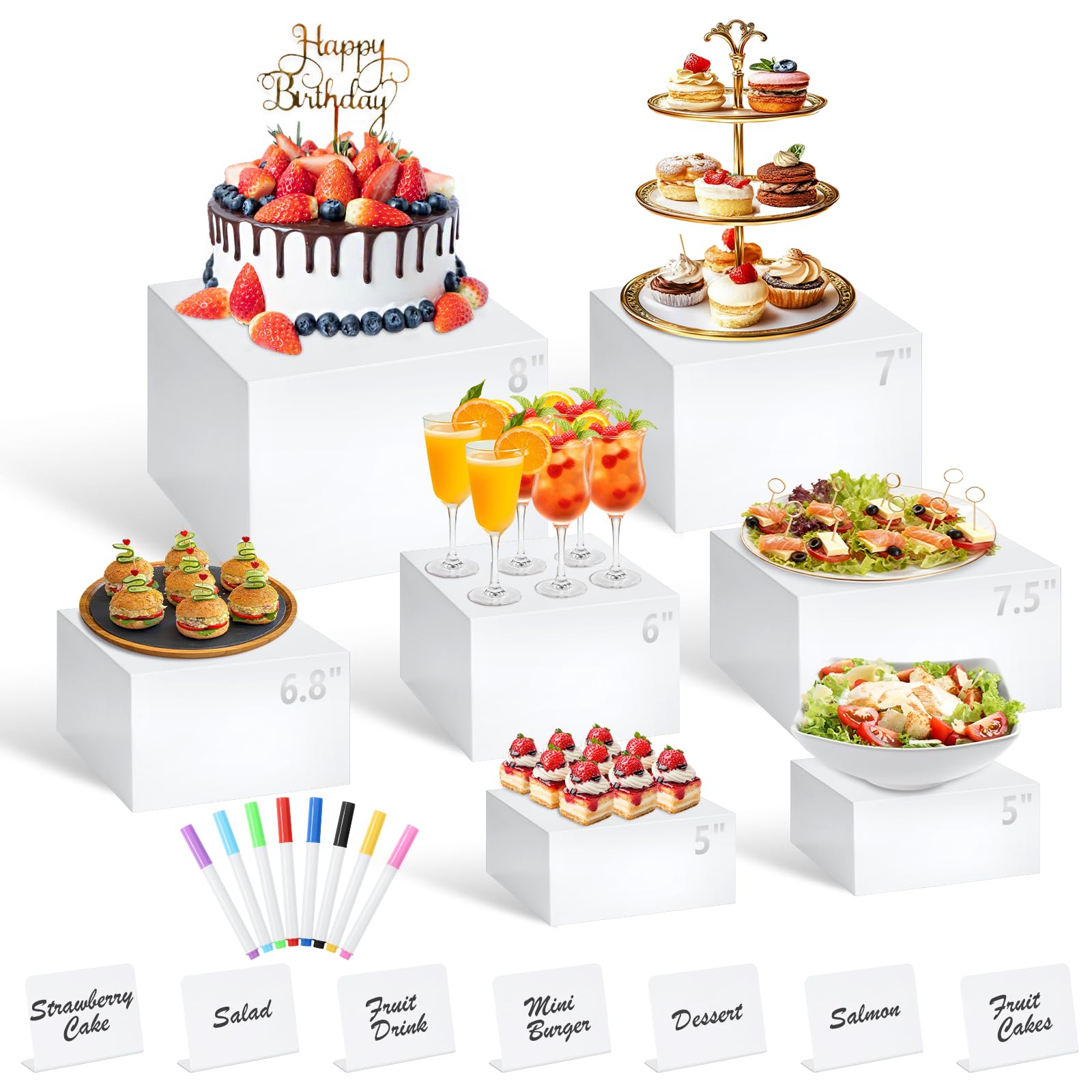 7Pcs White Acrylic Buffet Risers with Mini Sign and Marker, Food Display Risers for Party Catering Dessert Jewelry Collectibles,Acrylic Cube Nesting Boxes with Hollow Bottoms(8" 7.5" 7" 6.8" 6" 5" 5")