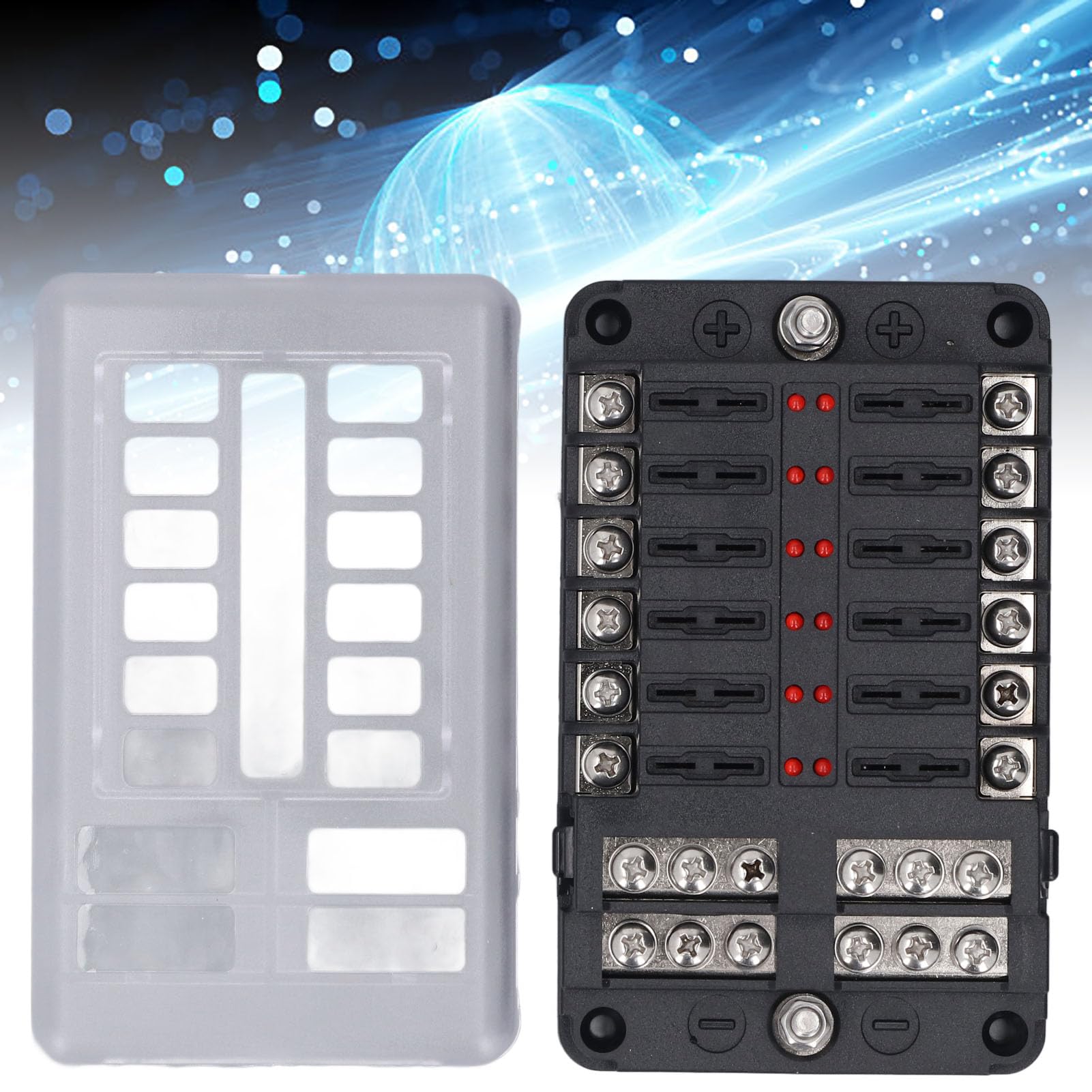 12-stykowy blok bezpieczników ze wskaźnikiem LED i wodoodporną osłoną — panel z materiału PBT dla bezpieczników ATC i ATO, maks. 32 V DC dla 12 V 24 V samochód ciężarowy łódź