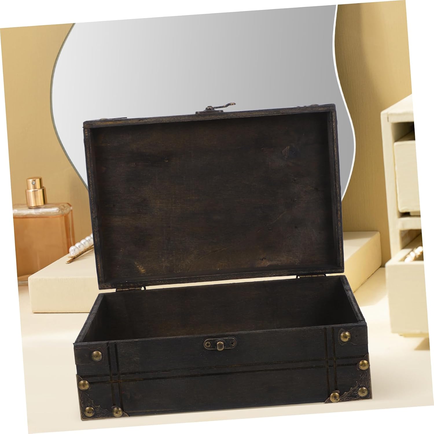 PRETYZOOM Vintage Wooden Treasure Box Lid Retro Keepsake Storage Chest for Jewelry and Trinkets Decorative Wood Organizer for Home and Office