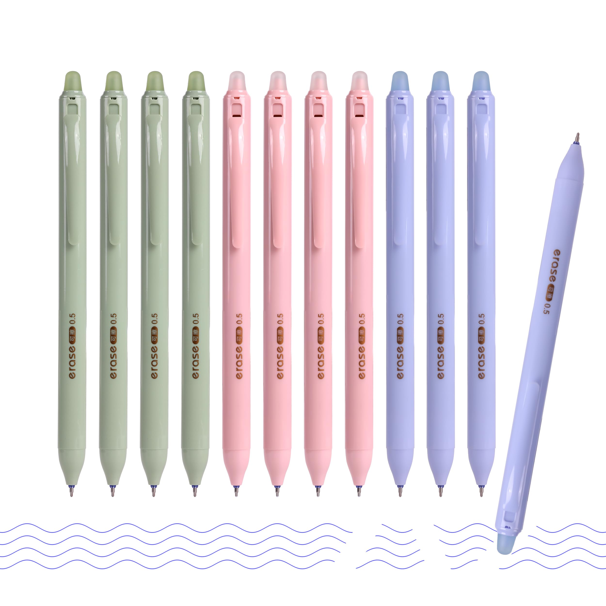 Paquete de 12 bolígrafos de gel borrables, punta fina de 0.5 mm, tinta azul de secado rápido, fácil de borrar, escritura suave, sin manchas, diseño de clic, perfecto para diario, tomar notas, trabajo