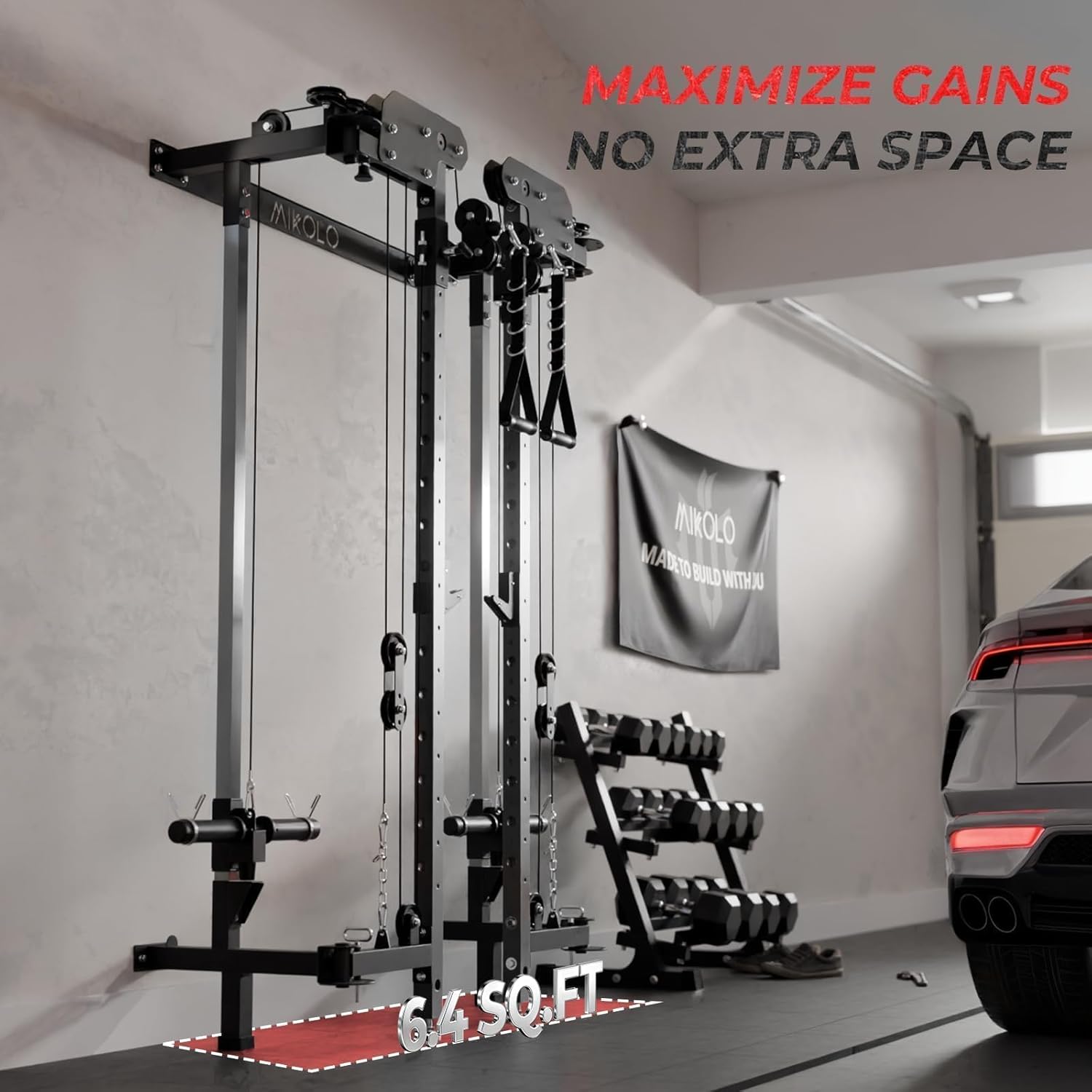 Mikolo Folding Squat Rack, Wall Mounted Power Rack with Cable Crossover Machine & LAT Pull Down, Functional Trainer with 5 Adjustable Function Modes, for Home Gym and Space Saving
