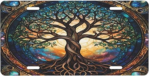 Árbol de la vida - Placa de matrícula colorida abstracta divertida de aluminio para placas delanteras decorativas, impermeables, sin óxido,