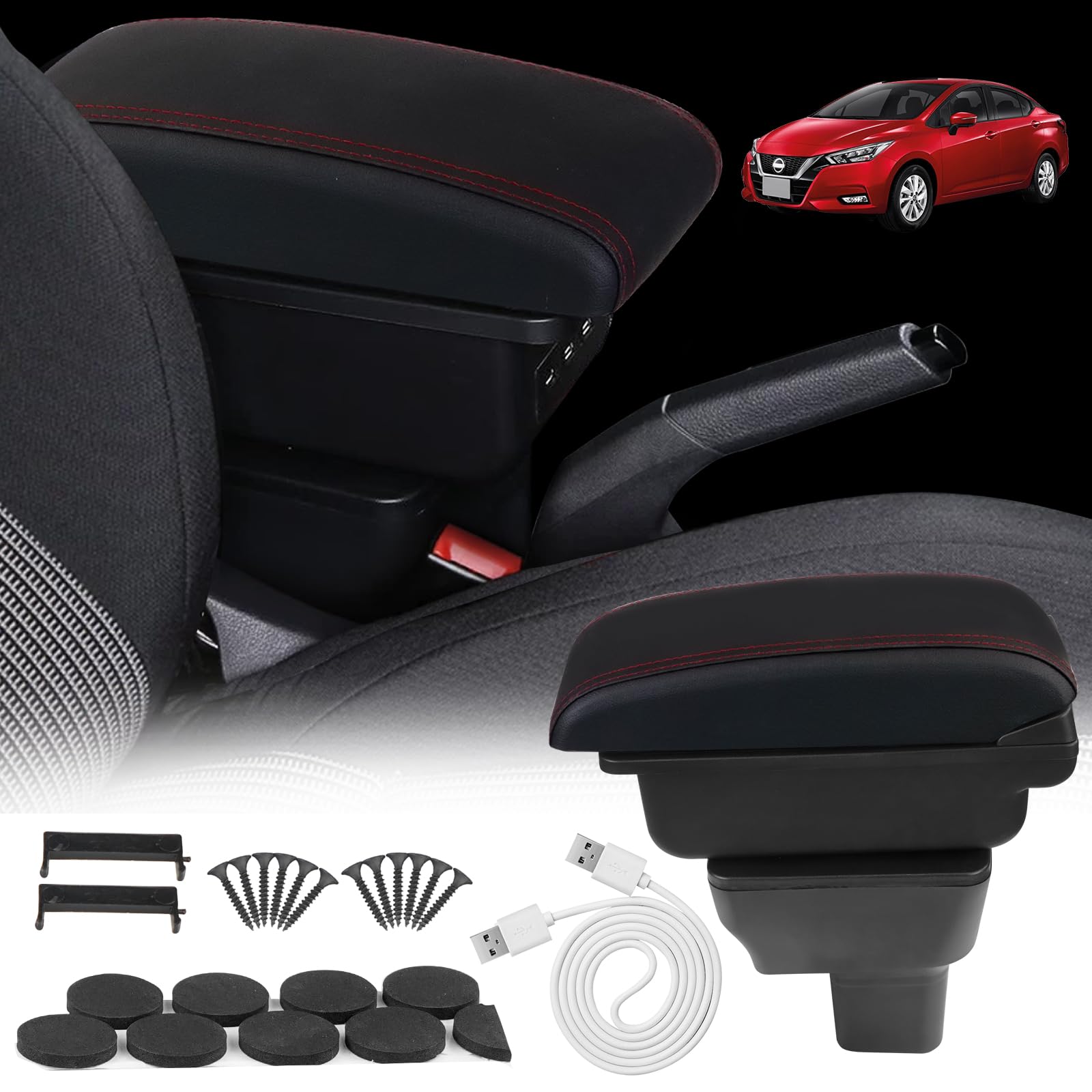 BHBConsoles Armrest Box Compatible with Nissan Almera Versa 2020-2022 Center Console Box Armrest Box USB Charge Black with Red Stitching
