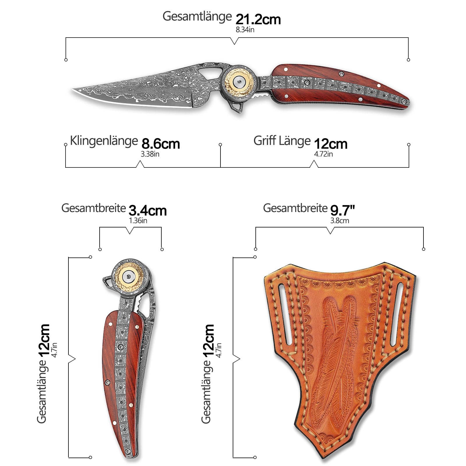 Handgefertigt Damast-Klappmesser，Taschenmesser für Männer und Frauen，mit Lederscheide，Griff aus rotem Rosenholz，Ideal für Camping, Bergwandern, Angeln und Reisen