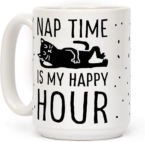 Lookhuman Taza de café de cerámica con texto en inglés "Nap Time Is My Happy Hour Cat White 15oz"