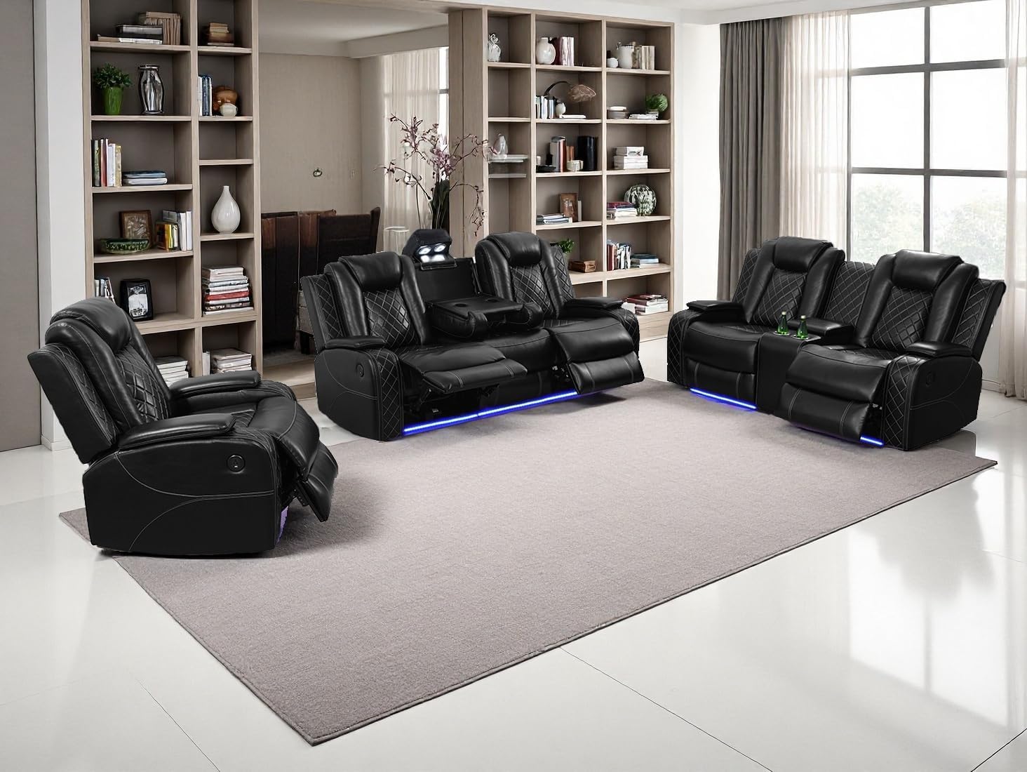 Power Recliner Sofa Sets, Living Room Furniture Sets, Black Modern Power Reclining Sofa, Loveseat and Chair with Cup Holders/Storage Console/LED Light for Living Room