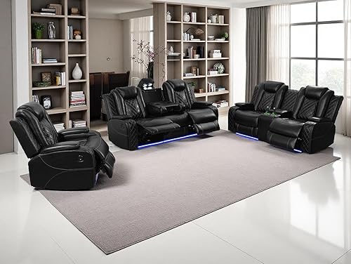 Juego de sofás reclinables eléctricos, juegos de muebles de sala de estar, sofá reclinable eléctrico moderno negro, sofá biplaza y silla con Negro