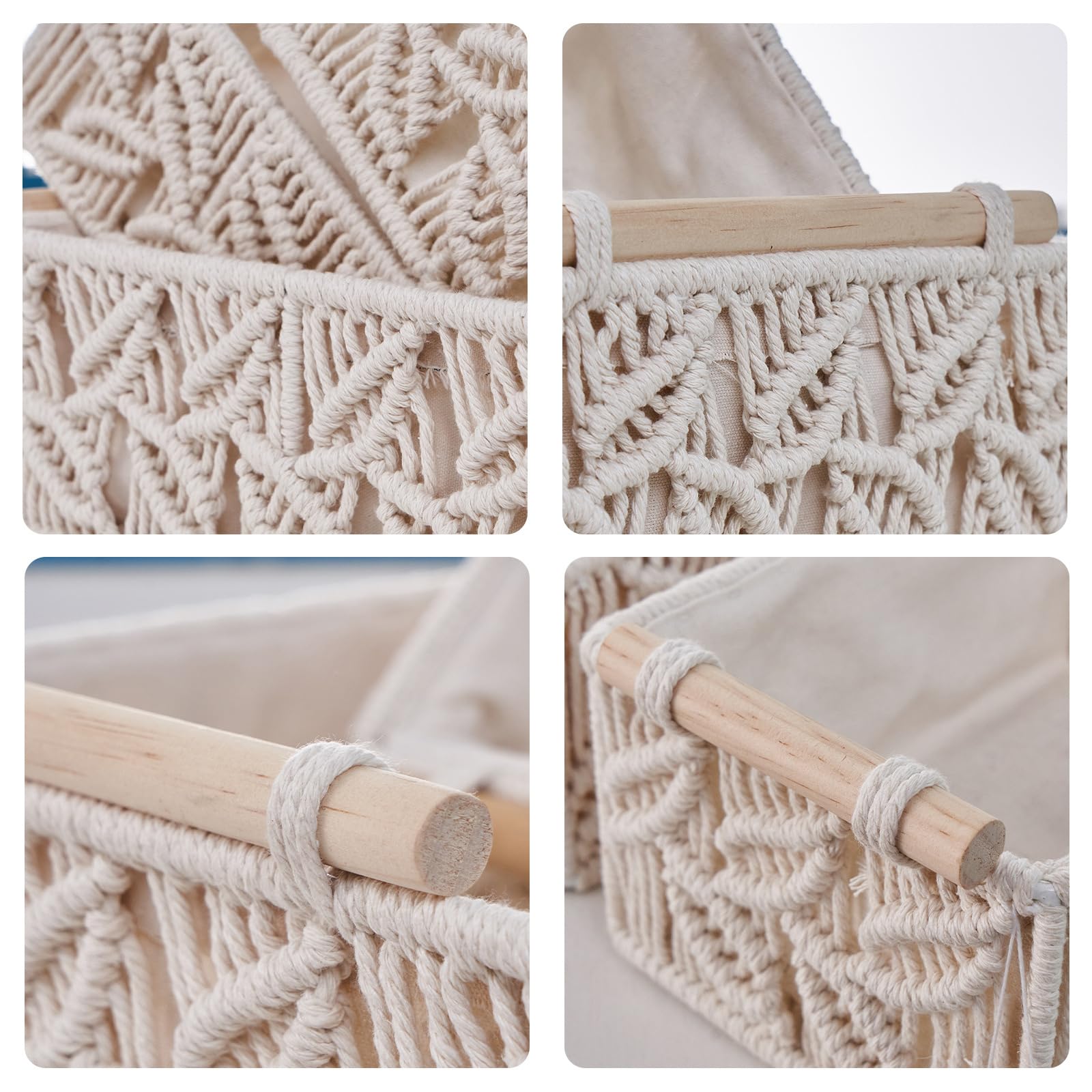 Juego de 3 cestas de almacenamiento tejidas de macramé con asas de madera, cajas estilo cajas para dormitorio, sala de estar y decoración de encimera