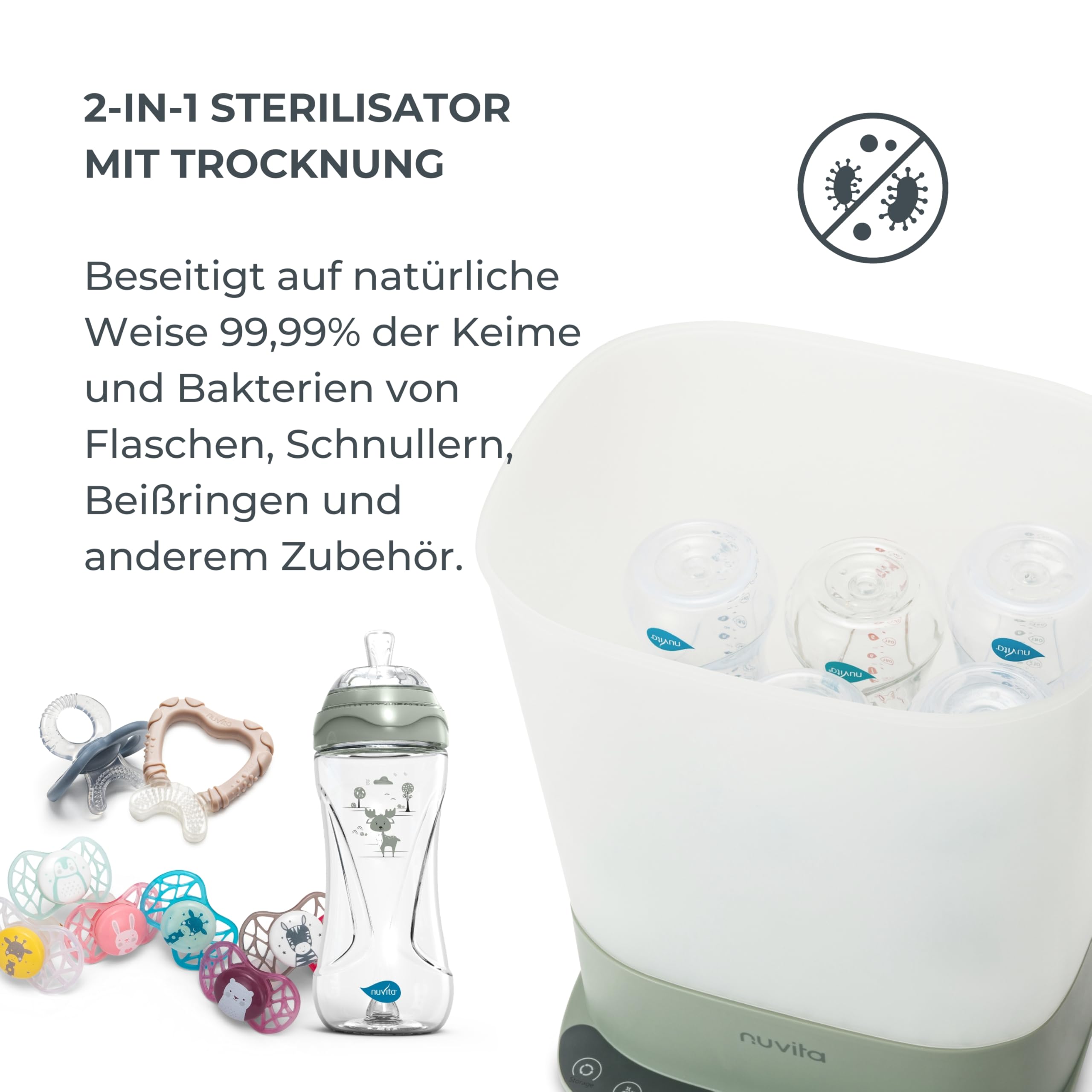 Nuvita 1088 SteriDry 2-in-1 Sterilisator und Trockner für Babyflaschen - 99,99% Dampfsterilisation, HEPA-Filter für gereinigtes Trocknen, 72 Stunden sterile Aufbewahrung, große Kapazität