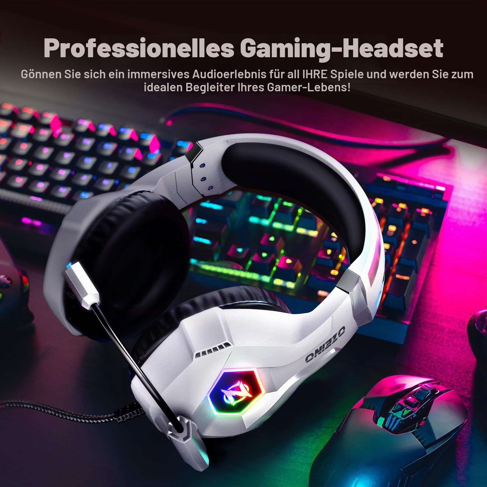 Ozeino Gaming-Headset für PS5, PC, PS4, RGB in 7 Farben, 50-mm-Treiber, Stereo, Bass, Mikrofon mit Geräuschunterdrückung, verstellbar, kompatibel mit Switch, Xbox Series X und S, Weiß