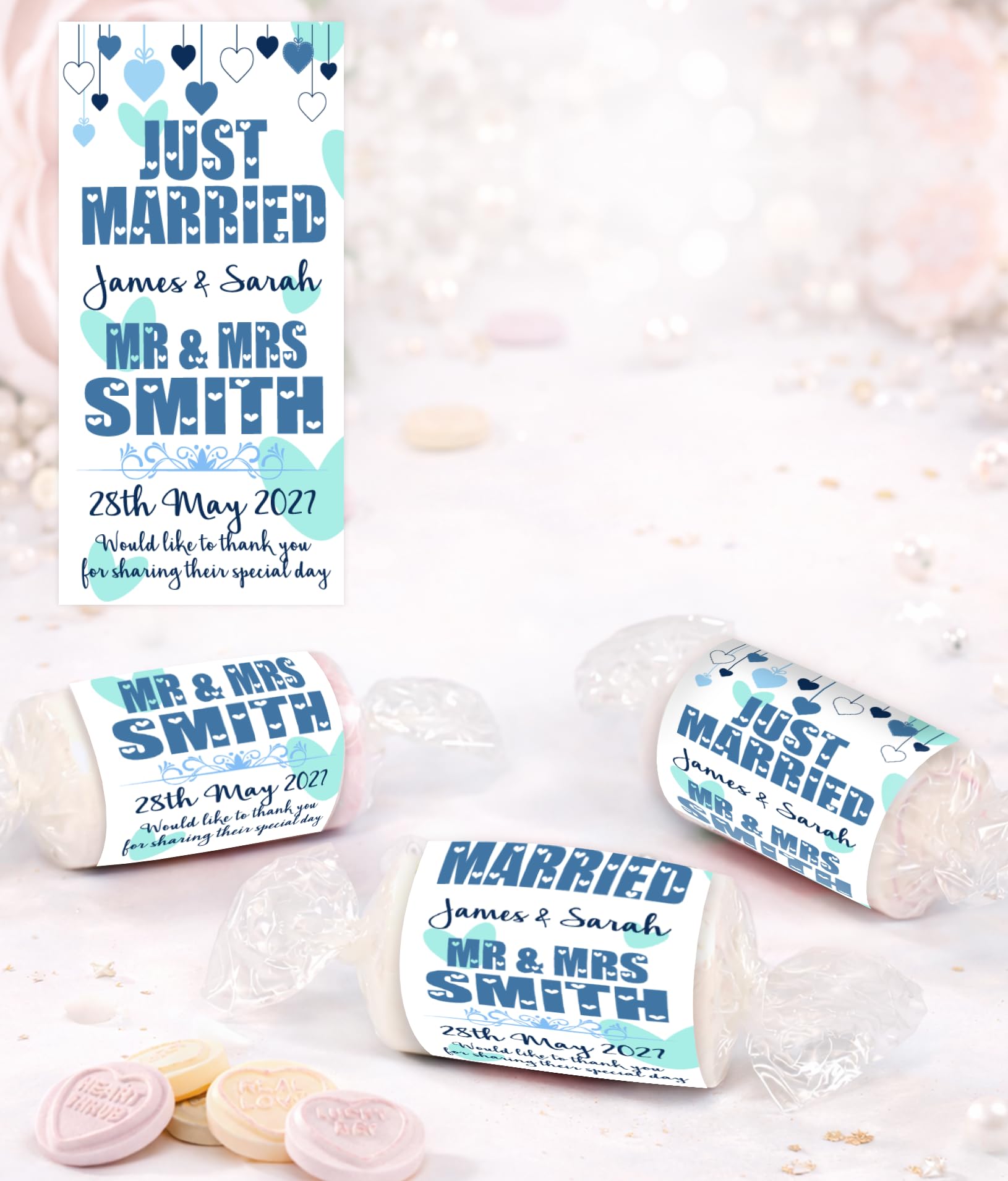 Personalised Wedding Favours Love Hearts Sweets, Just Married Design, Custom Wrapped Mini Sweets, Mr & Mrs Wedding Favours UK (Dusty Blue)