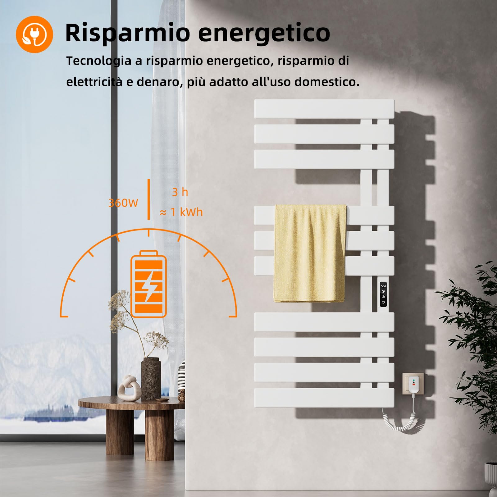 Scaldasalviette Elettrico, Termostato WiFi Smart Scaldasalviette, per Alexa e Google Home e APP, 500x1100 mm, Portasciugamani elettrico, Scaldasalviette Elettrico Bagno Basso Consumo-WIFI White Right