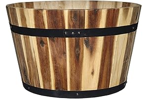 Classic Home and Garden Acacia Wood Whiskey Barrel Planter with Black Metal Band