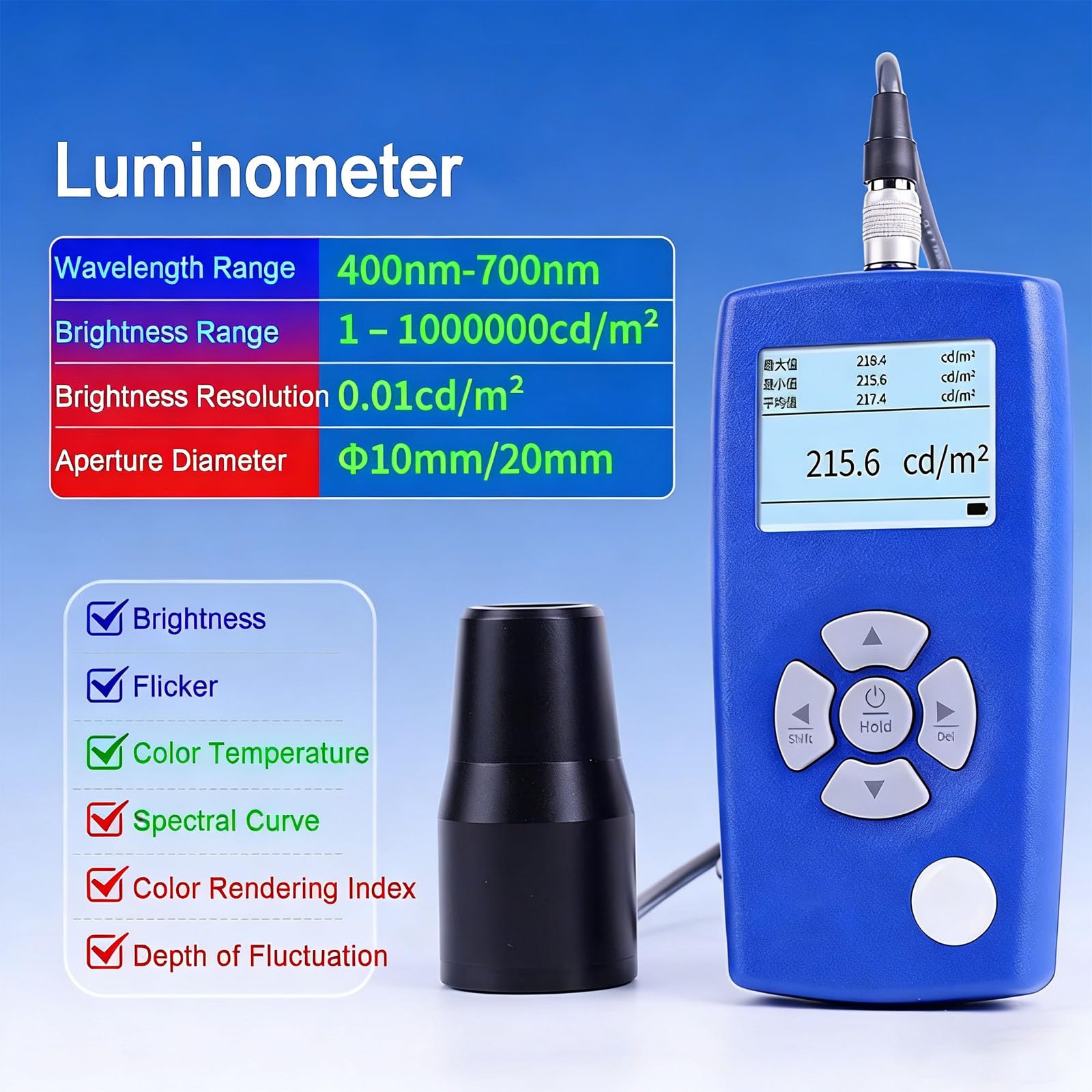 Analizador de brillo de pantalla, herramienta de medición de luz con sondas dobles para detección de parpadeo, temperatura de color y pruebas de CRI, ideal para calibración de pantalla
