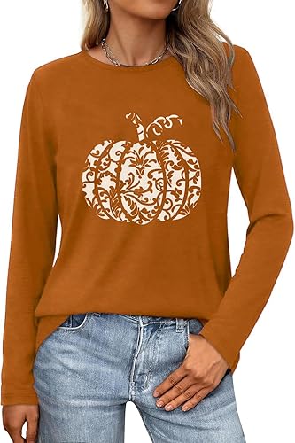 Fall Shirt for Women Halloween Funny Pumpkin Plus Size Long