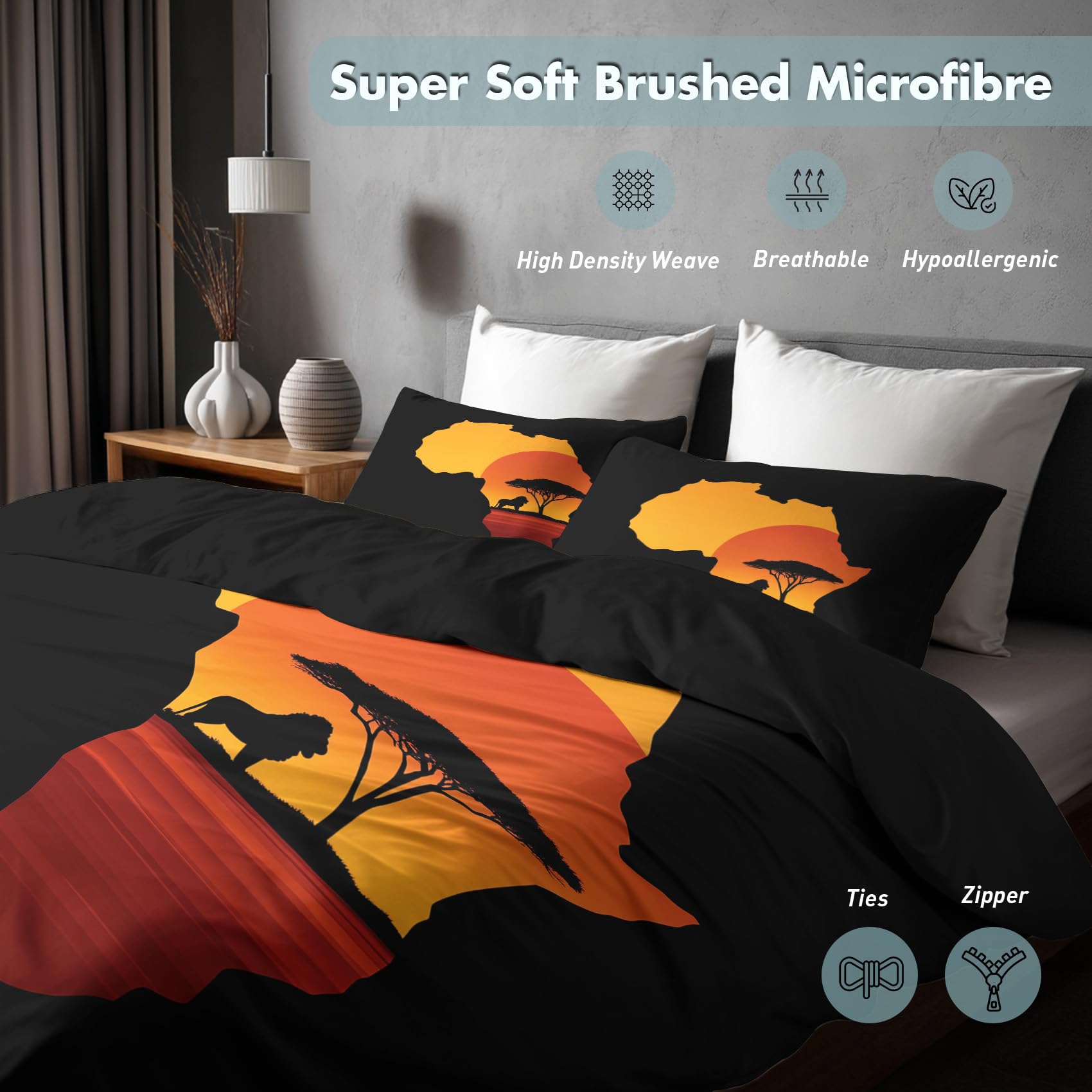 Bettwäsche 200x220 Afrikanische Sonnenuntergang Design, 3teilig - Afrikanische Safari Wildtier Bettbezug und 2 Kissenbezug 80x80, Wendebettwäsche, Schlafzimmer Deko, mit Reißverschluss SD-1325