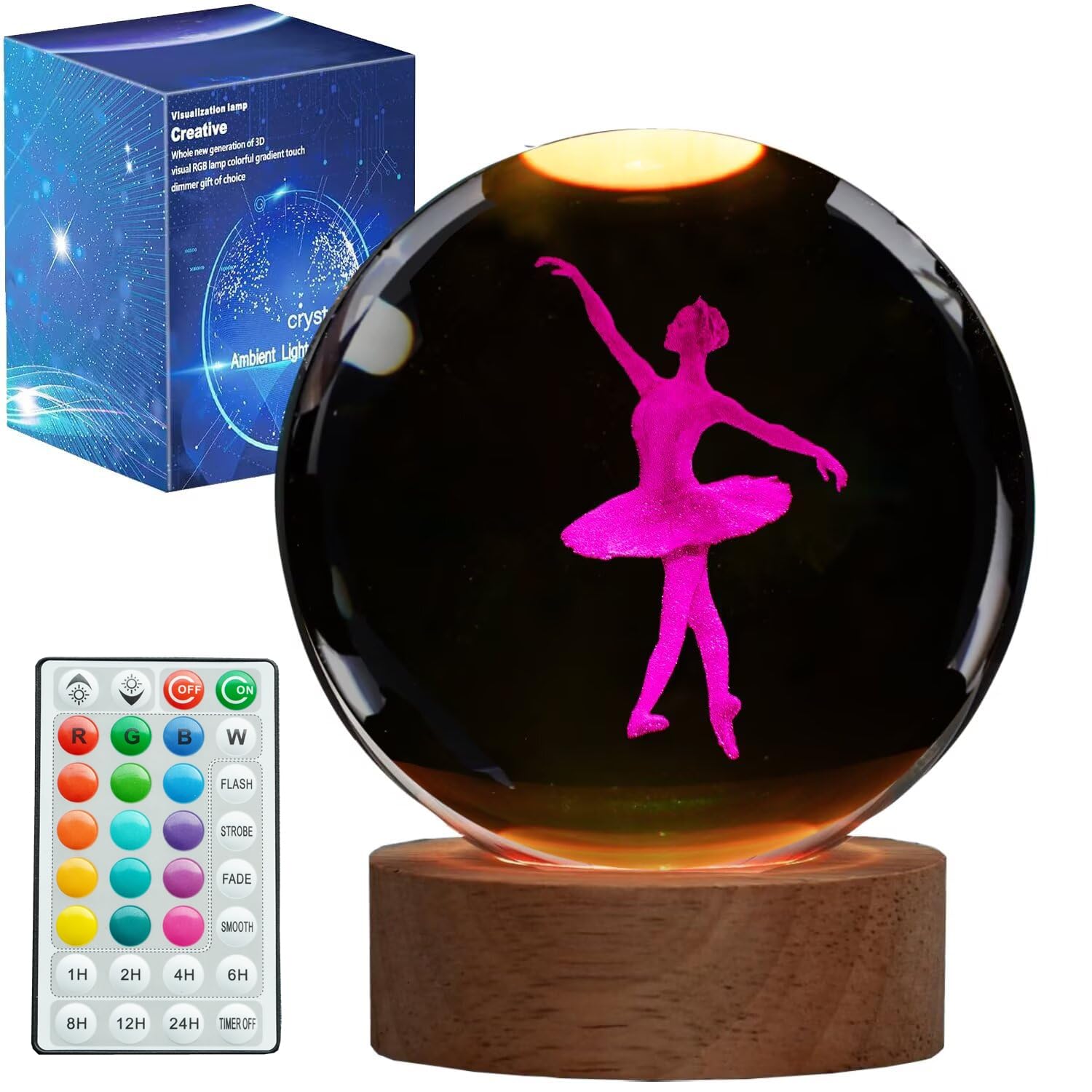 Posshe Girls Pink Ballet Night Light, Dance Recital Gifts, K9 3.15 Inch (80Mm) Crystal Ball Lamp With 16 Colors Remote Upgraded Lamp For Birthday Xmas Cool Fairy Figurines Gifts For Ballerina Room Decor