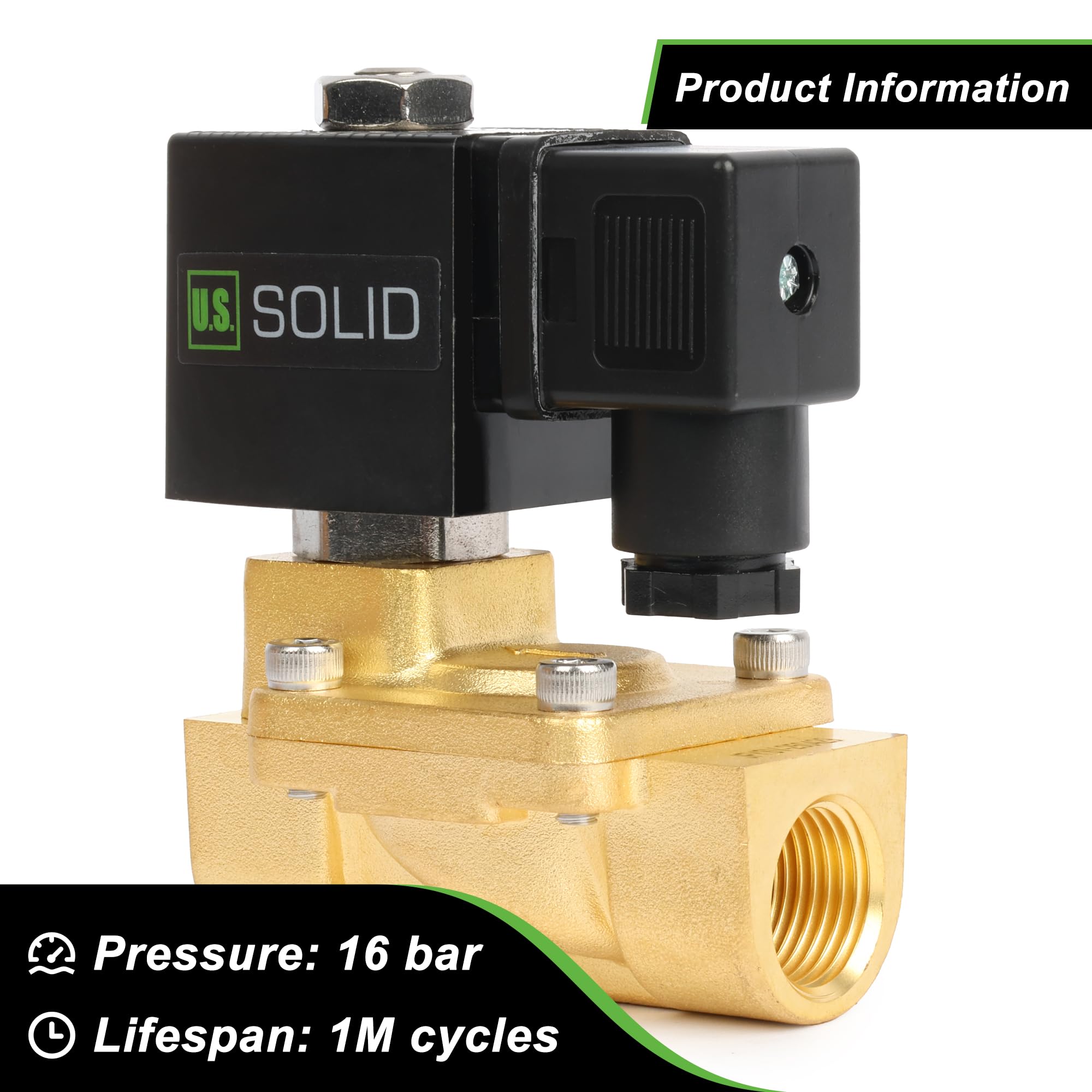 U.S. Solid Válvula solenoide de latón de 1,27 cm, 24 V CA, 0,3-16 bar, normalmente cerrada, sello Viton, rosca G, operada por piloto