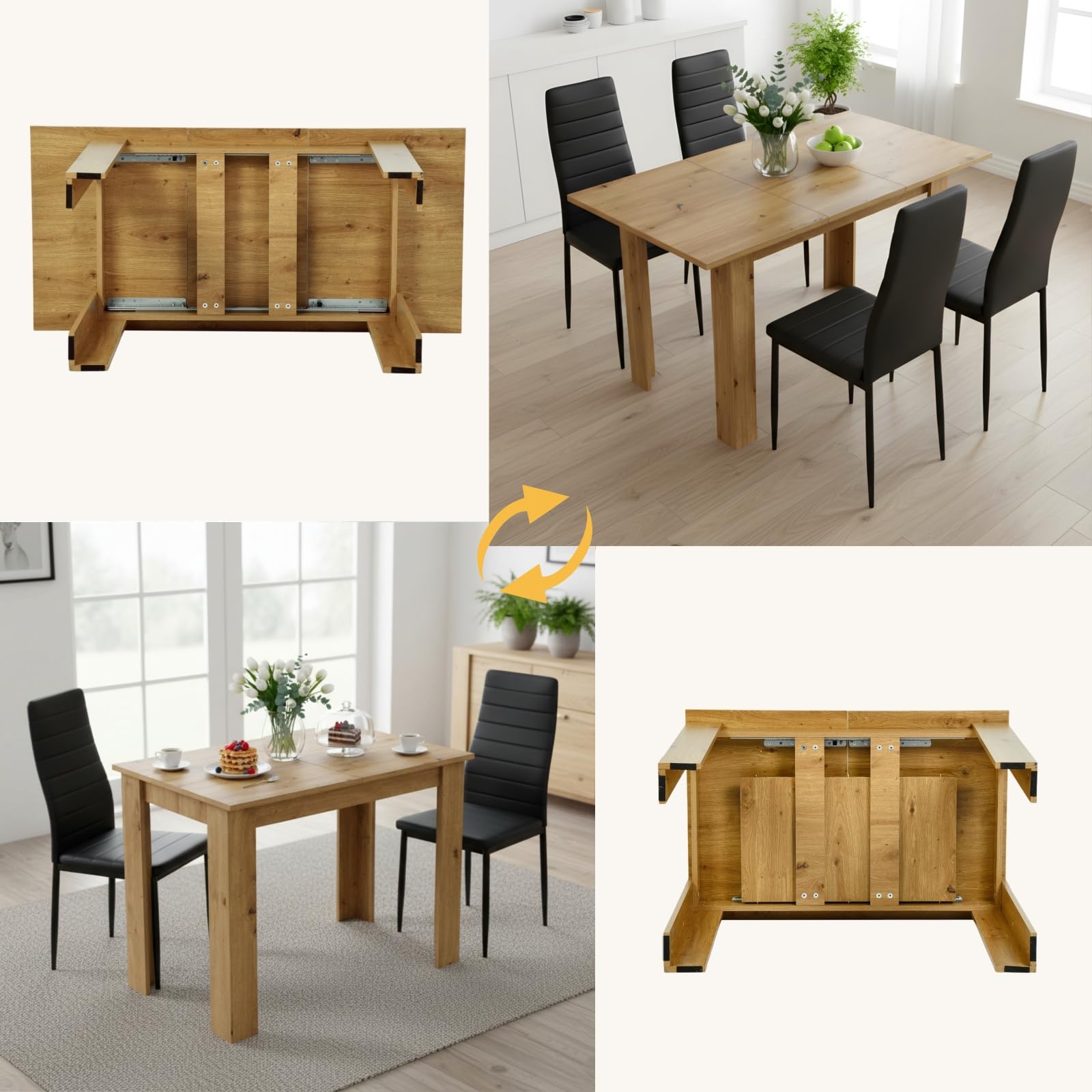 Ensemble Table à Manger Extensible 90-125 cm avec 4 Chaises, Ensemble Table et Chaises en Similicuir, Gain de Place, pour Petit Espace Cuisine Salle à Manger et Salon (Chêne + Noir)
