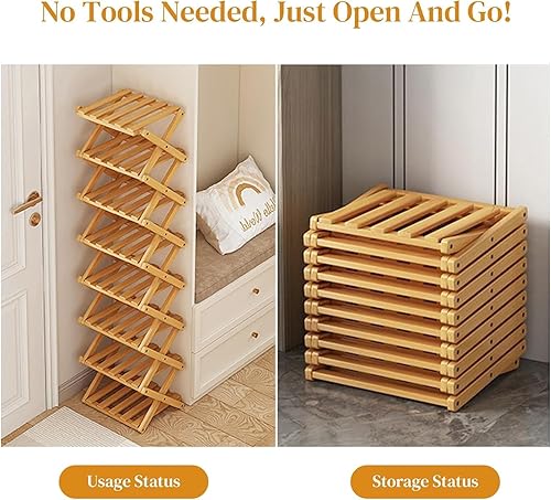 Miniatura 5 de YYW Zapatero de bambú para entrada, organizador vertical de almacenamiento de zapatos plegable y sin instalación, estantes para zapatos, estante