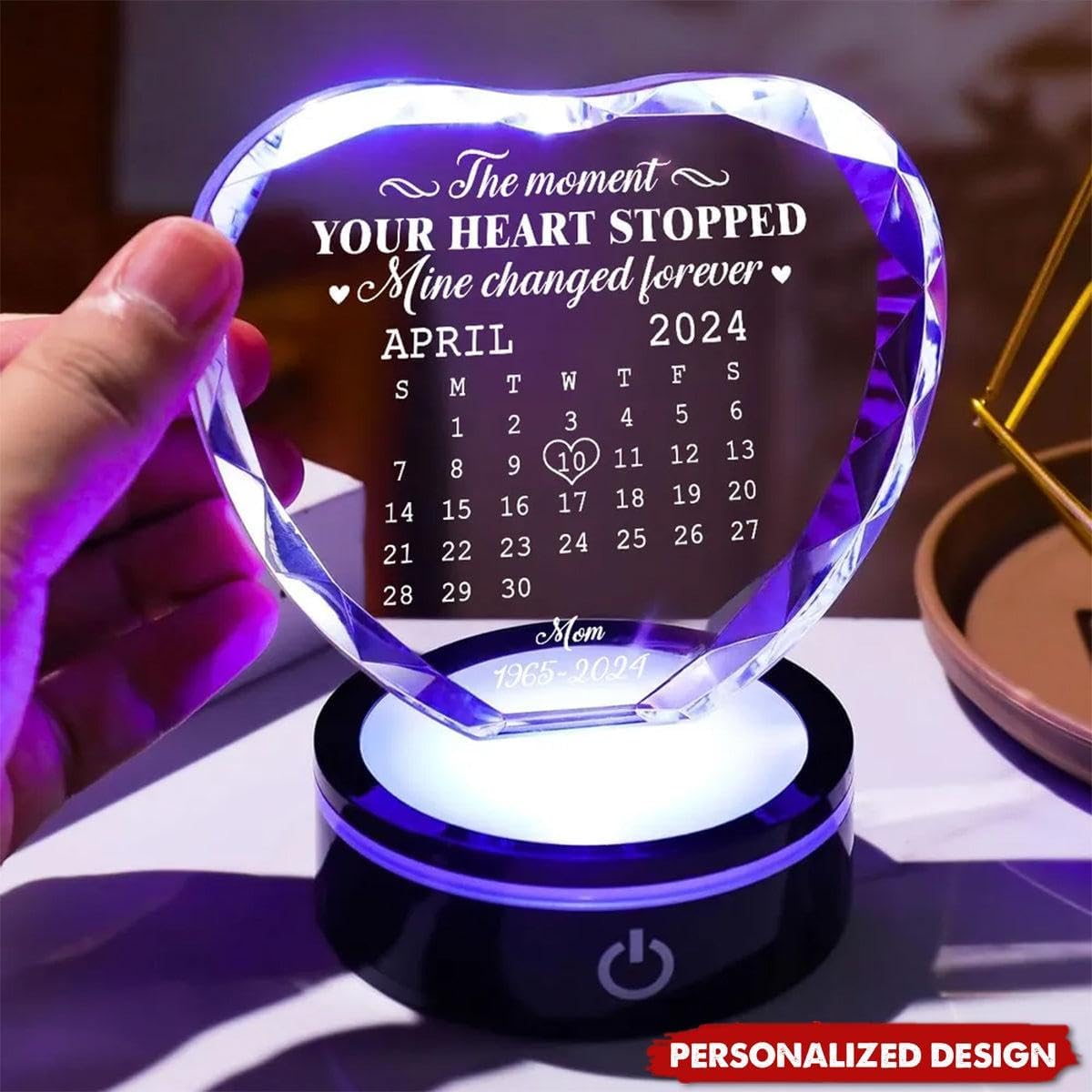 Personalized Memorial Crystal LED Light – The Moment Your Heart Stopped Mine Changed Forever Custom Remembrance Gift for Loss of a Loved One