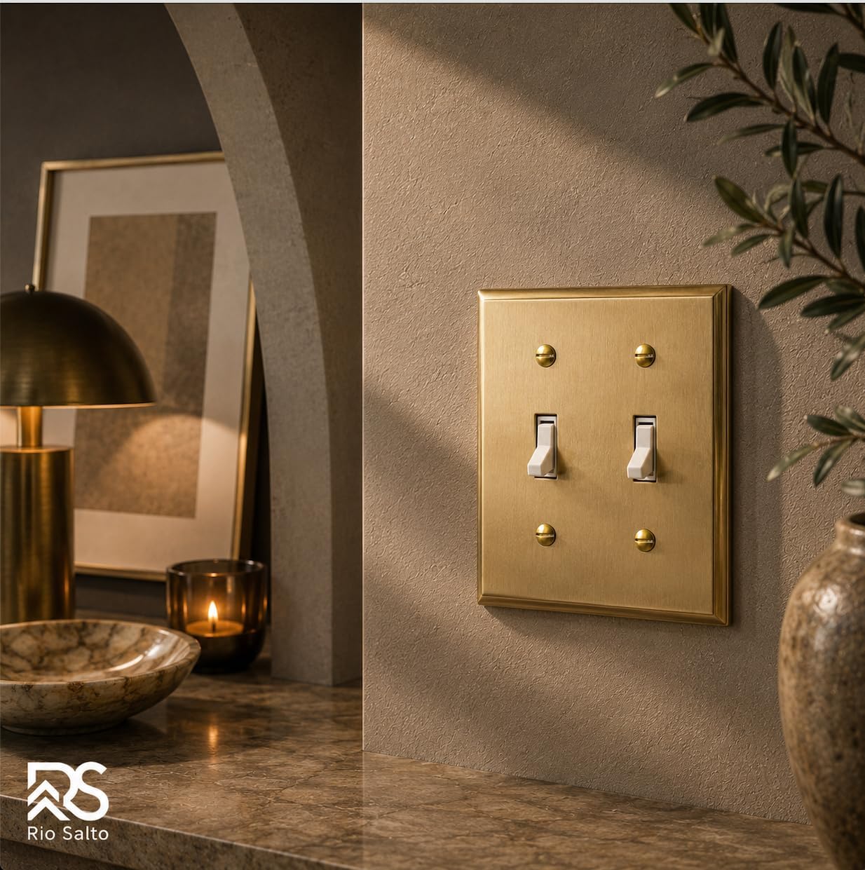 Rio Salto MIDSIZE BRASS Signature Collection Decorative Brushed Brass Gold Metal Outlet Covers, Light Switch Cover Plate, Premium Wall Plate Covers, 2-Gang Double Toggle Flip Switch 5" x 4.94", 2-Pack image 2