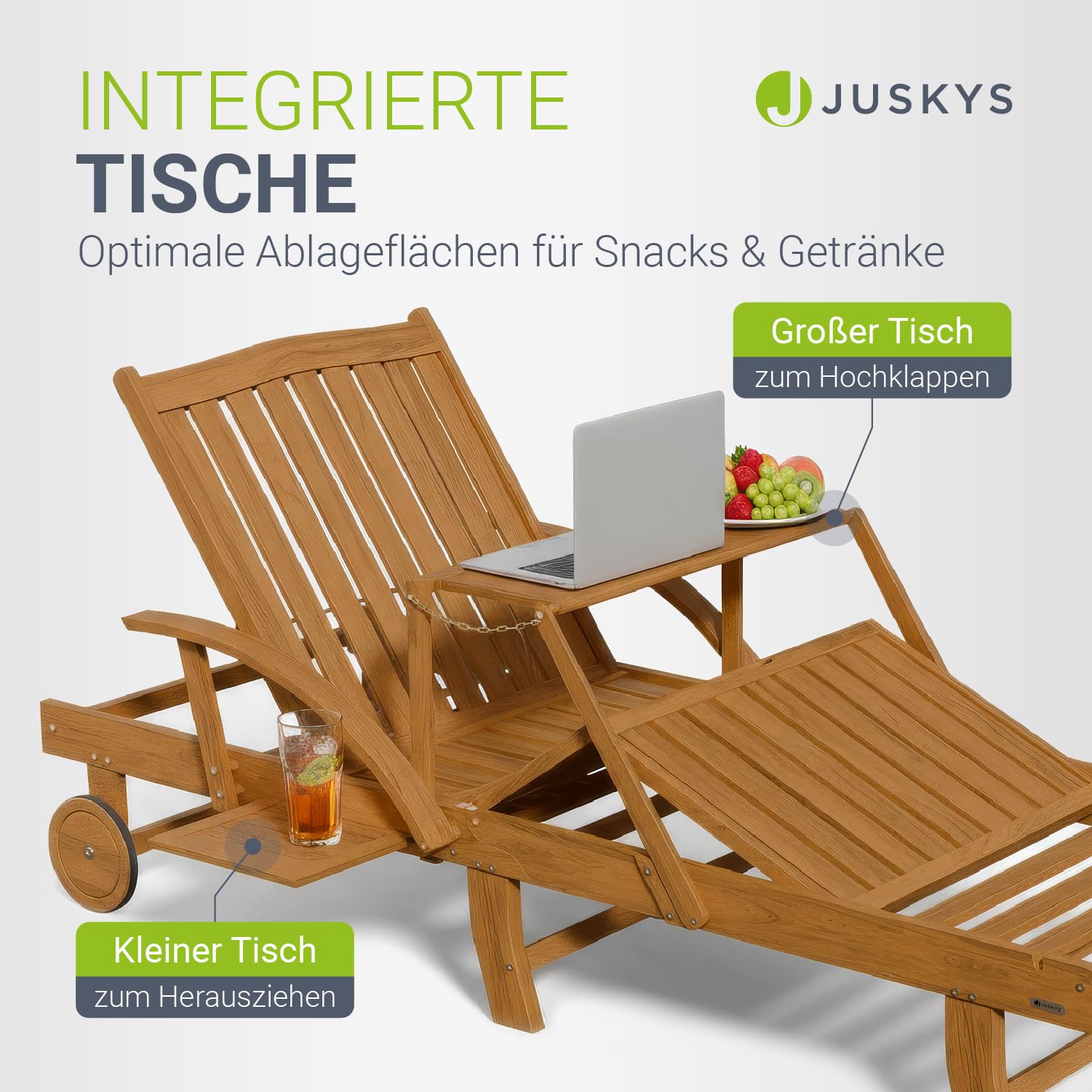 Juskys® Sonnenliege SunScape - Natur, Akazie mit verstellbarem Tisch & Beinablage, Stabil & Langlebig, 196x73x30 cm