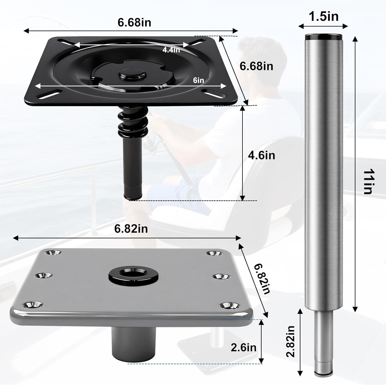 Boat Seat Pedestal Base Mount Kit with 11" Seat Extension Pole & 7" x 7"Base Plate - 3/4" Lock-in Aluminum Pedestal for Marine & Fishing Boats