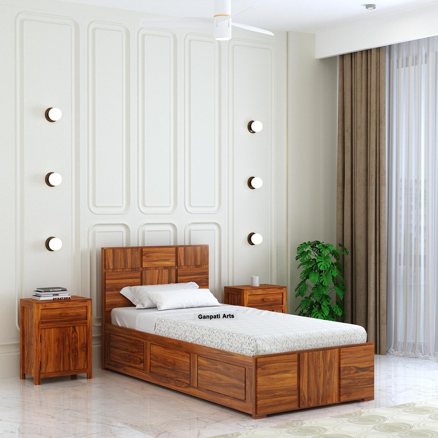 Ganpati Arts Solid Sheesham Wood Scott Single Size Bed with Box Storage for Bedroom Living Room Home Wooden Single Bed Cot Palang Furniture (Natural)
