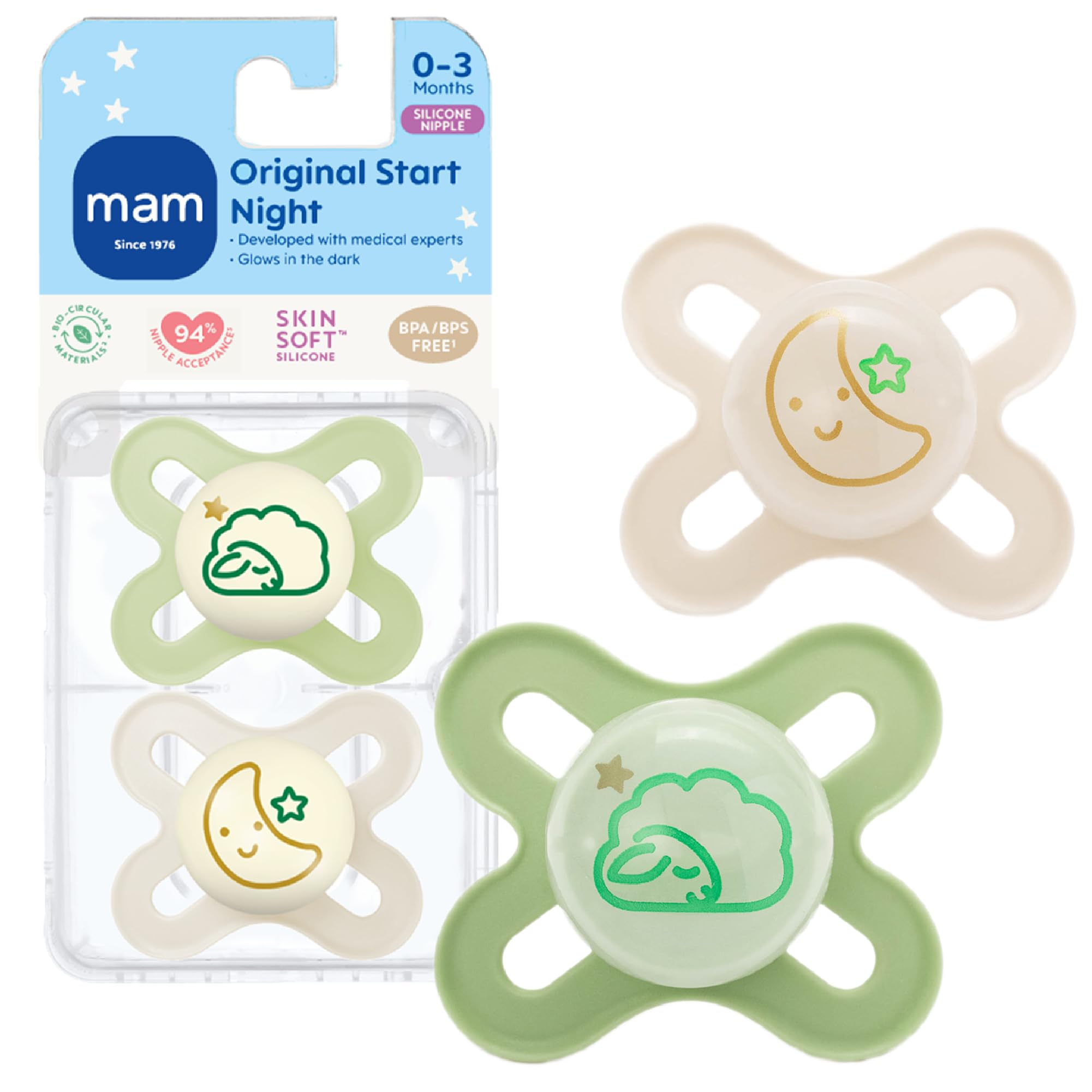 MAM Original Start Night Baby Pacifiers 0-3 Months Newborns, BPA-Free Skin Soft Silicone Nipple, Glows in The Dark, Developed with Medical Experts, 2