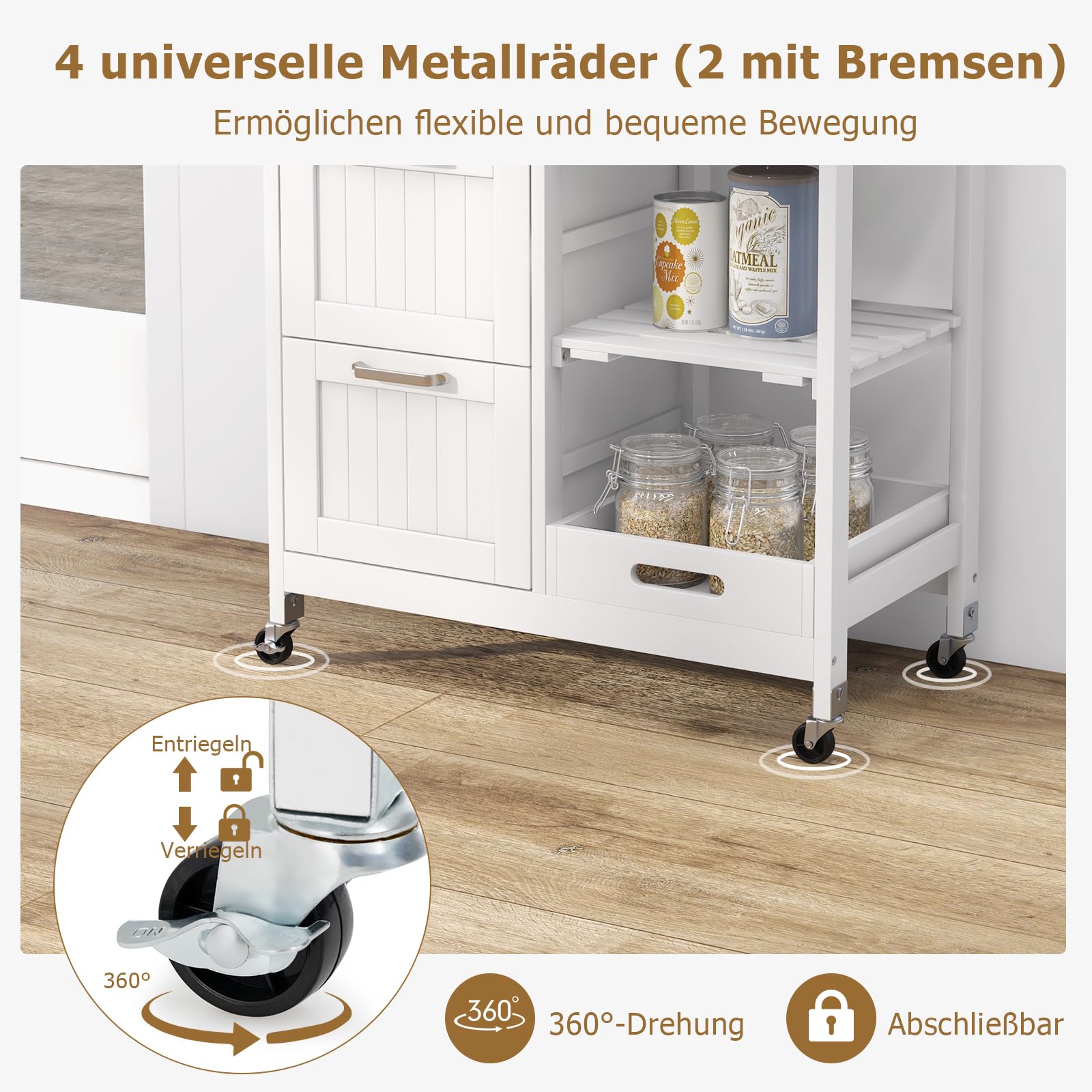 GIANTEX Küchenwagen auf Rollen, Küchenschrank mit Arbeitsplatte, bewegliche Kücheninsel Holz, Servierwagen Rollwagen Holz, Küchenrollwagen mit Schublade, Küchentrolley 67x37x83,5 cm (Weiß)