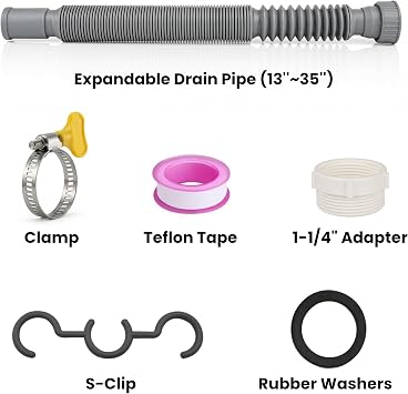 Universal 1-1/4 & 1-1/2 P Trap Drain Kit, Flexible & Expandable PP Plumbing Pipe for Bathroom Sink & Kitchen, Drain Replacement with Extension Tube & Adapter