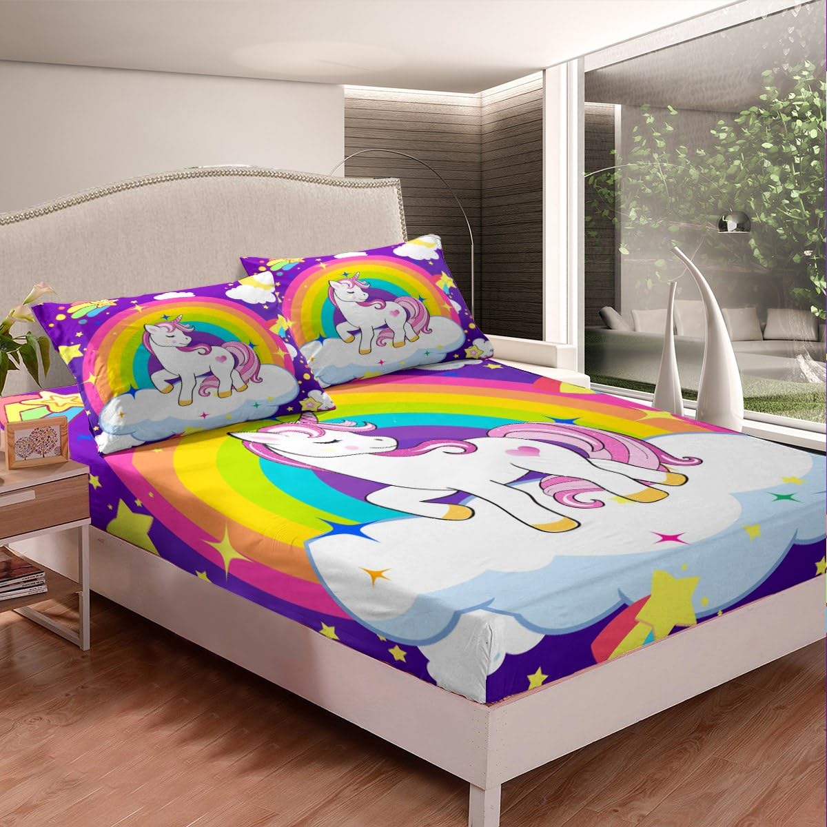 Juego de sábanas de unicornio arcoíris con bolsillo profundo, juego de sábanas de unicornio arcoíris, galaxia y estrellas, juego de sábanas de fantasía para niños y niñas, juego de ropa de cama de