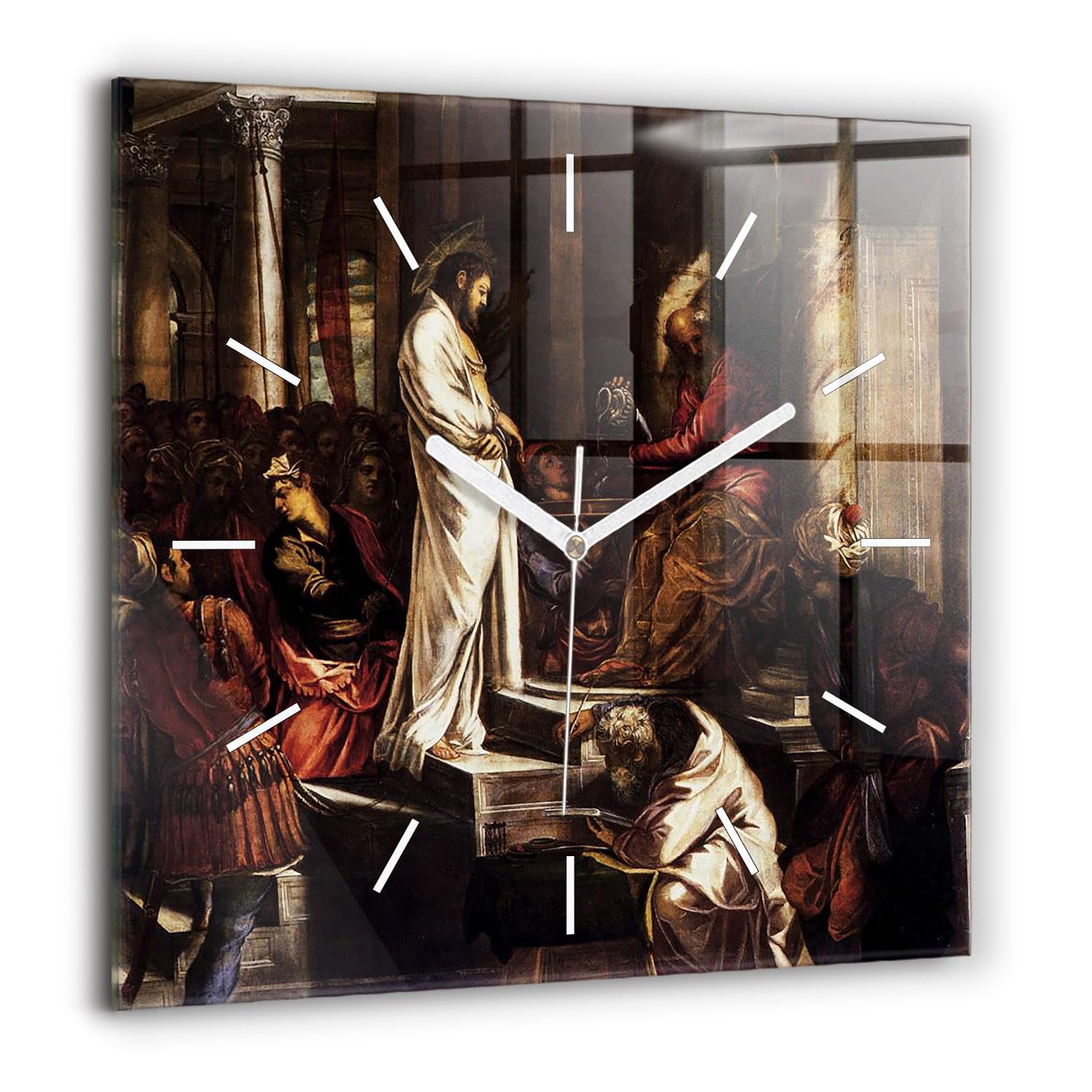 Sacroarte 60x60cm Orologio Orologio da parete In vetro lancette bianche - La condanna di Gesù e Pilato
