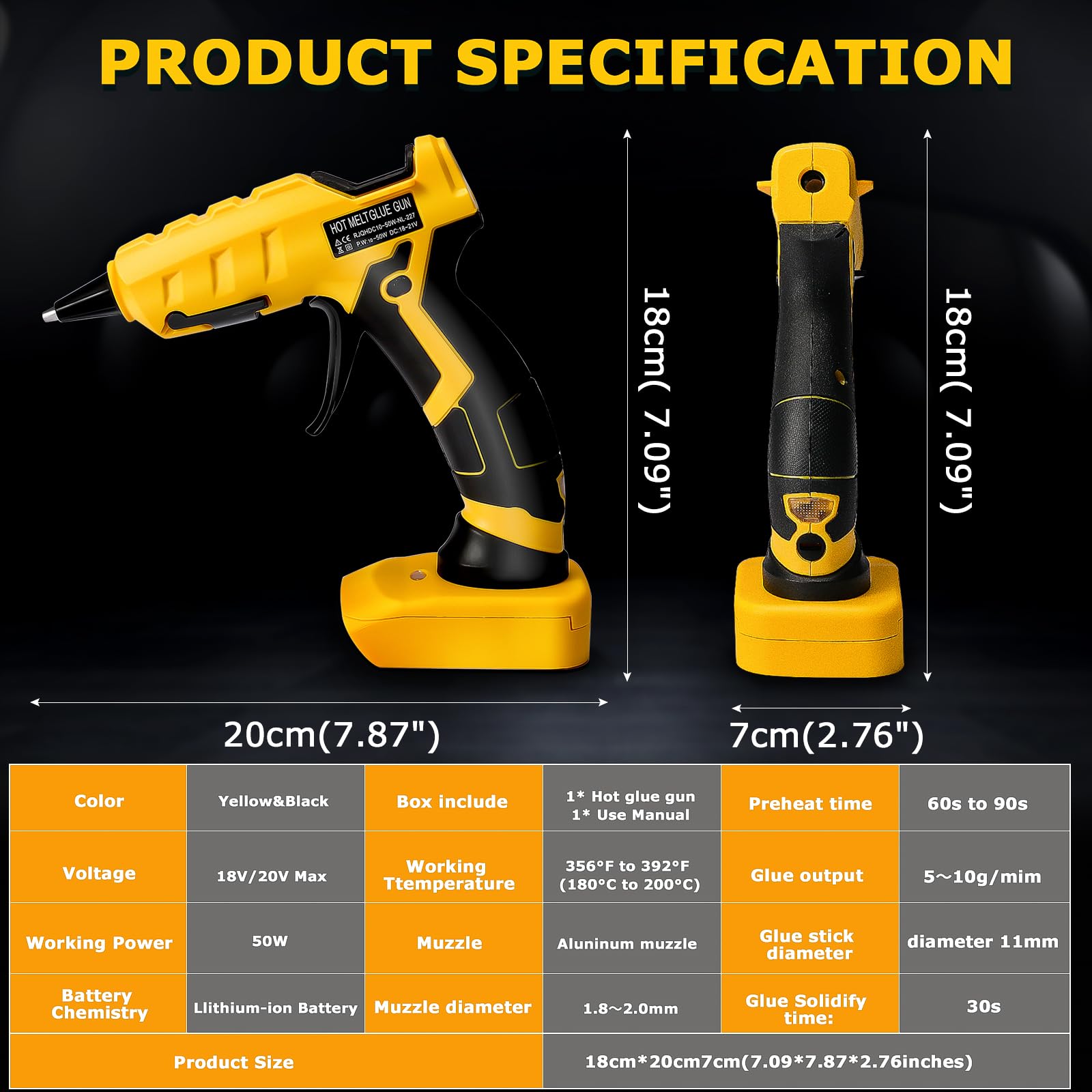 Pistola per colla a caldo senza fili per Dewalt, adatta per batteria agli ioni di litio Dewalt 18/20 V max, 30 secondi di preriscaldamento rapido, pistola per colla a caldo a grandezza naturale, con